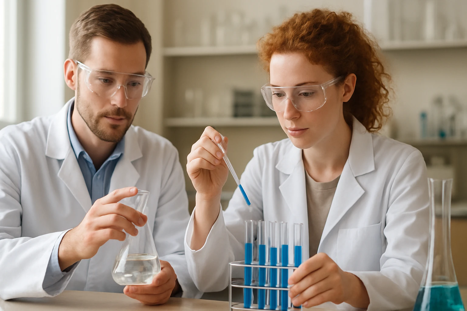 Kémiai kísérlet laboratóriumban, kémikusok dolgoznak a reakciósebességen.