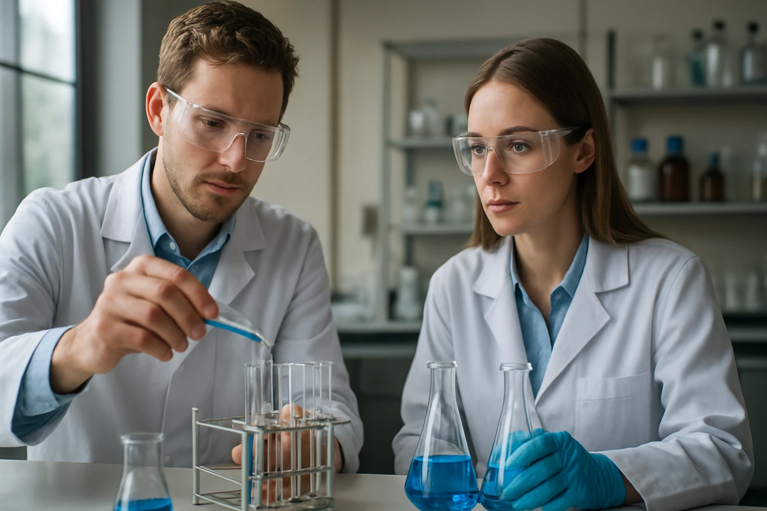 Két tudós laboratóriumban kémiai kísérletet végez.