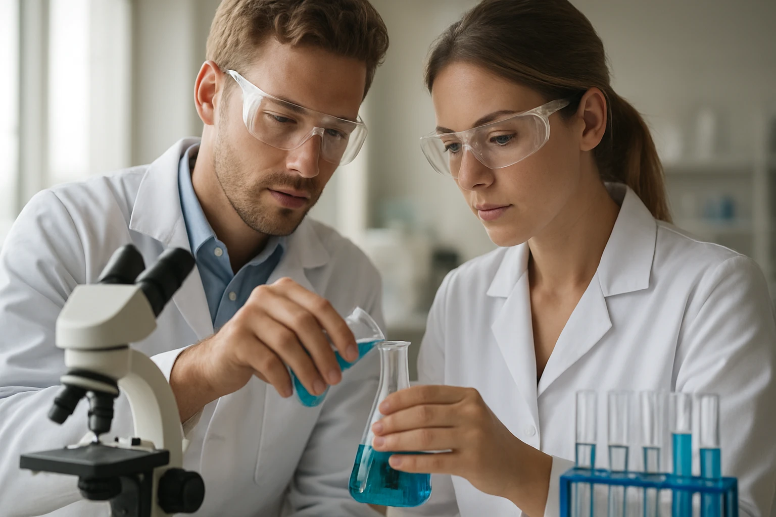 Két tudós laboratóriumi kísérlet során kémiai anyagokkal dolgozik.