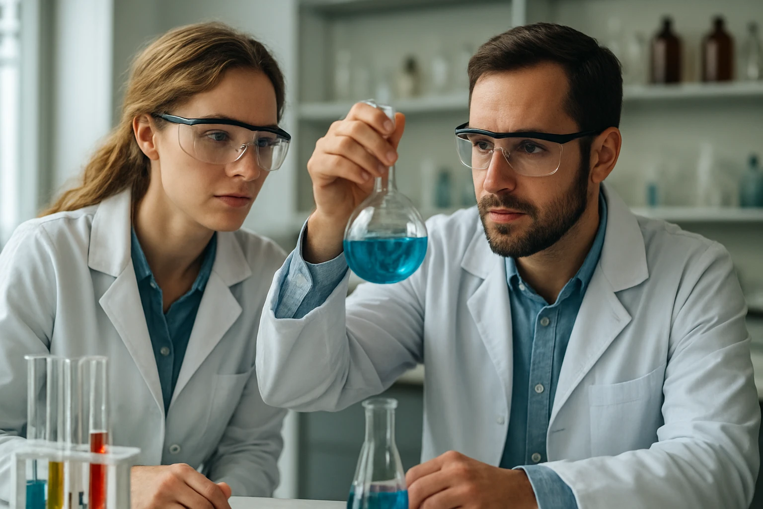 Kémikusok laboratóriumban, kémiai potenciál vizsgálata.