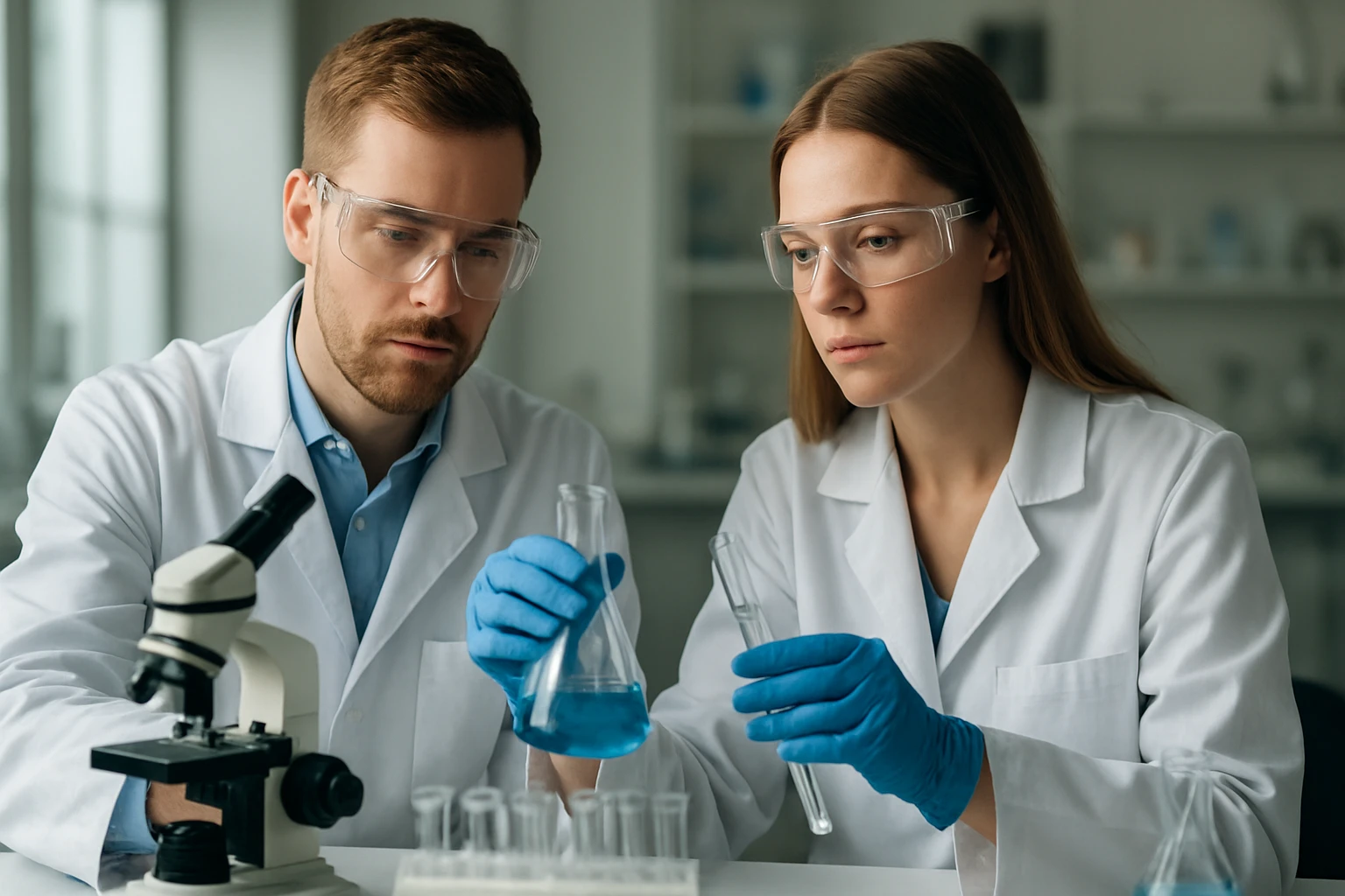 Két tudós kémiai reakciót vizsgál a laborban.