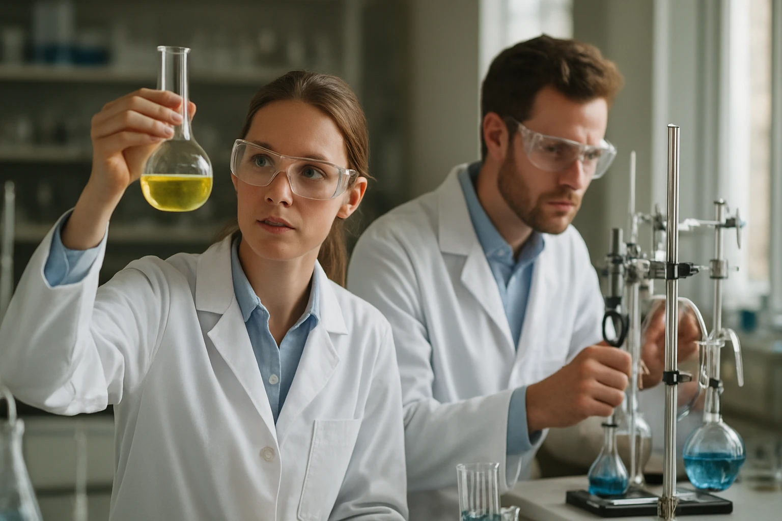 Két tudós laboratóriumban kémiai kísérletet végez