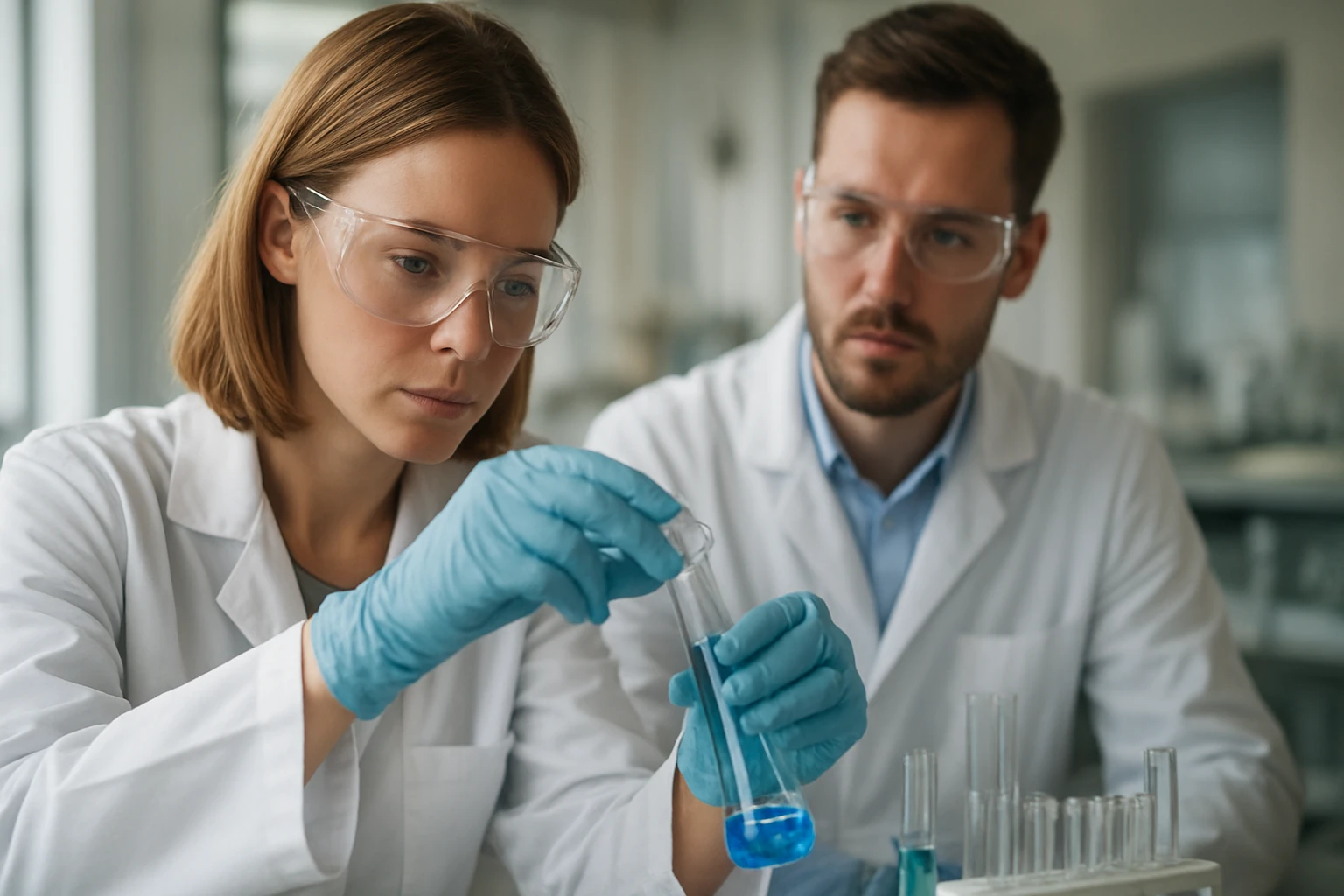 Kémiai kísérlet laboratóriumban, kémikusok munkája során