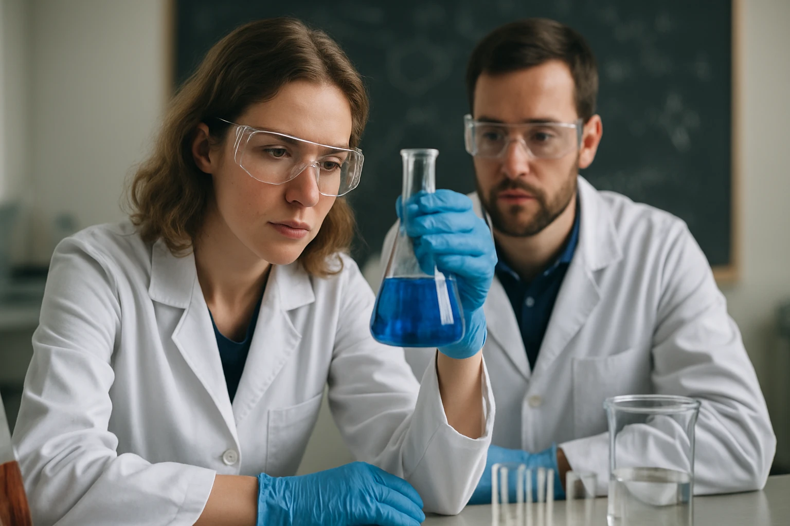 Kutatók kémiai kísérletet végeznek laboratóriumban.