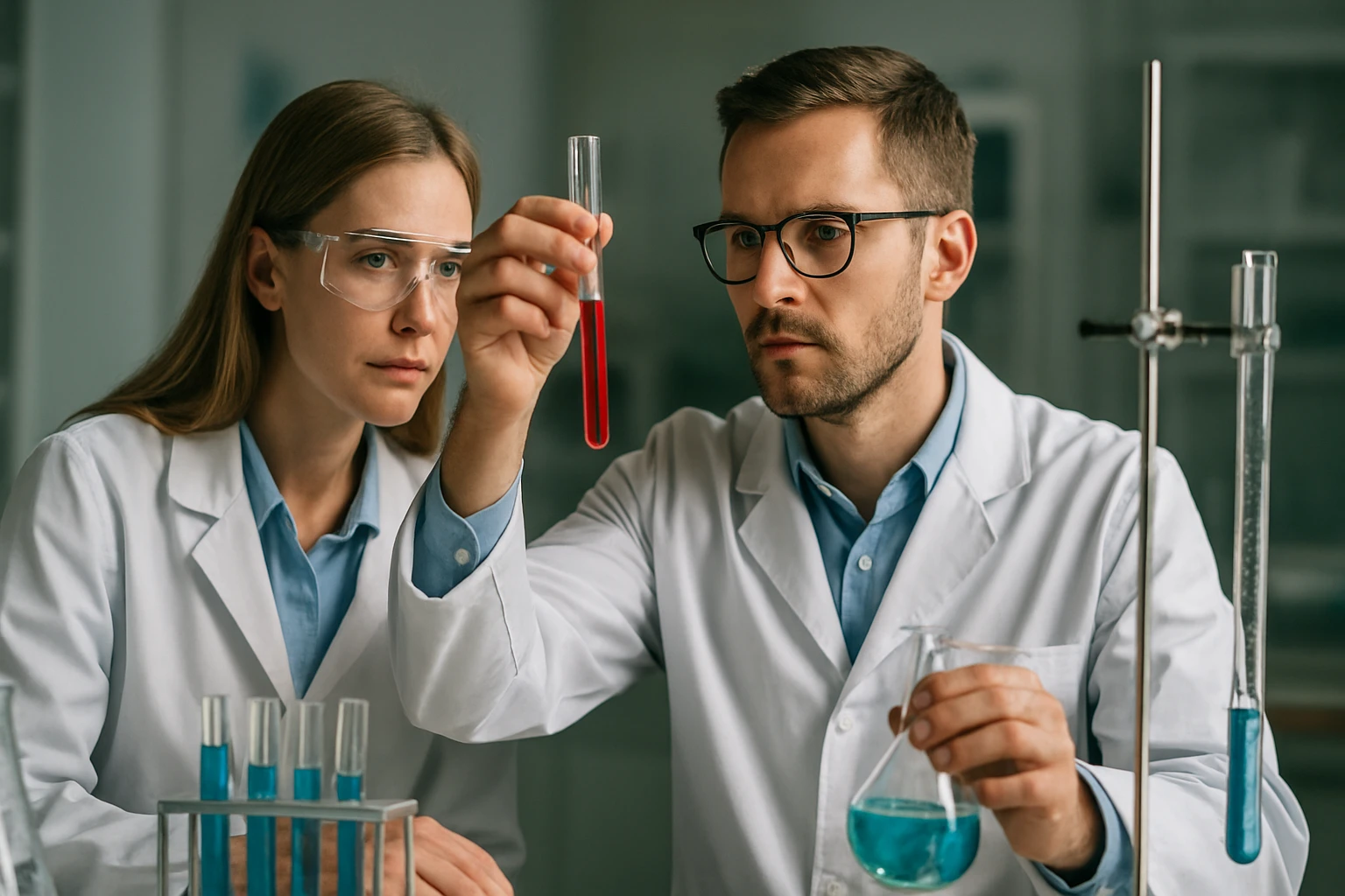 Két kémikus laboratóriumi kísérletet végez, kémcsővel és kémiai vegyületekkel.