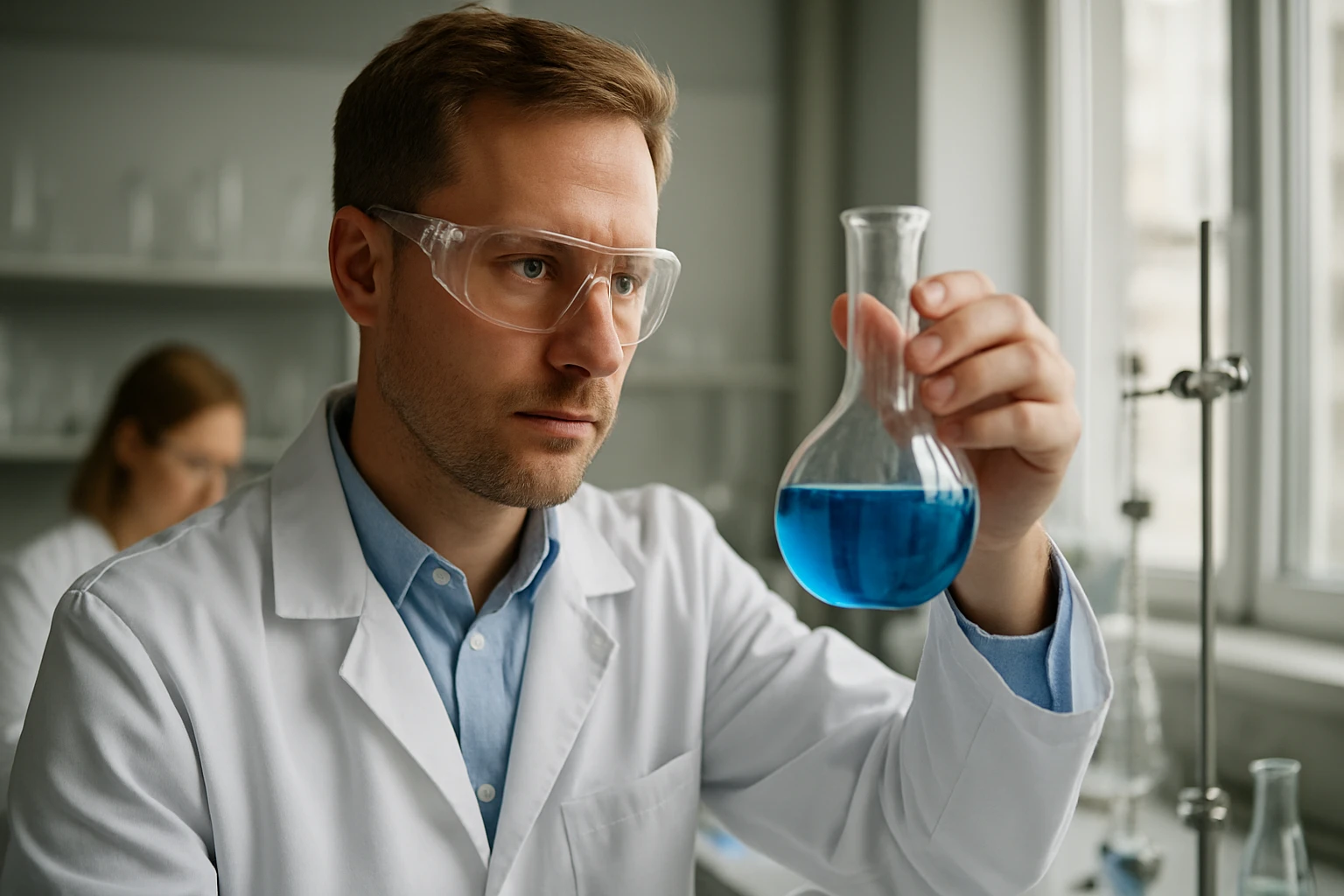 Kémikus kénsavval és szulfátokkal foglalkozik laboratóriumban.