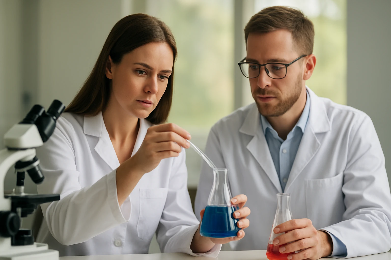 Kémikusok jód kísérleten dolgoznak laboratóriumban