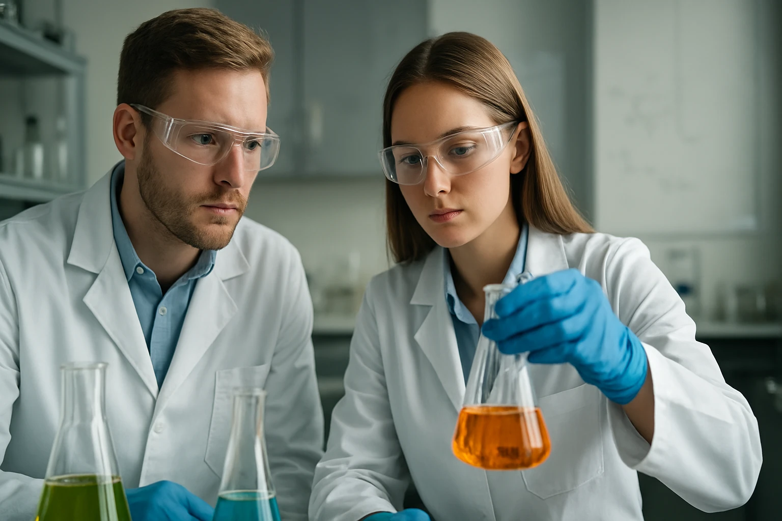 Két tudós laboratóriumban szódabikarbóna oldatot vizsgálva