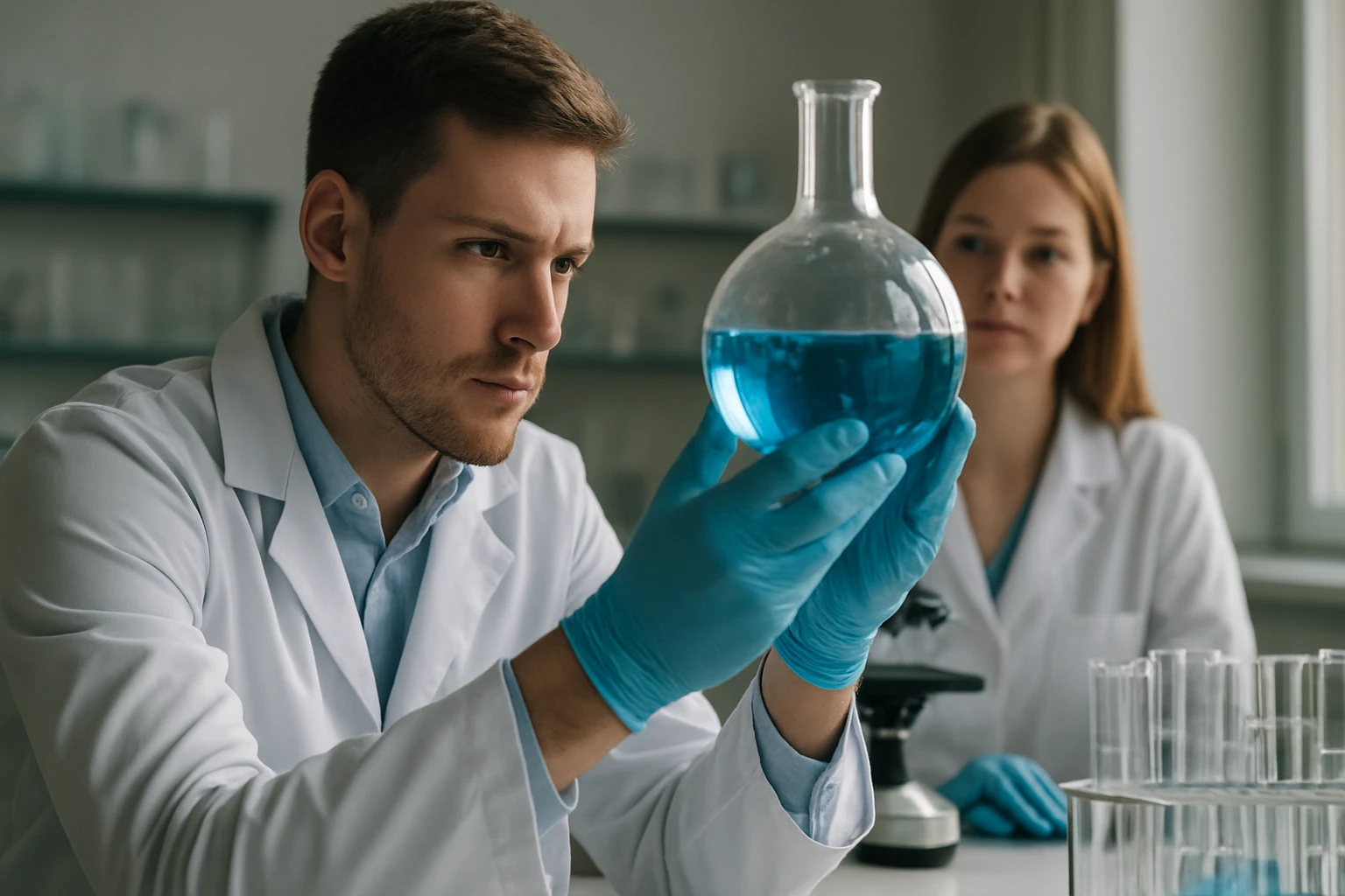 Két kutató laboratóriumban, kék folyadékkal teli flaskát vizsgálva.