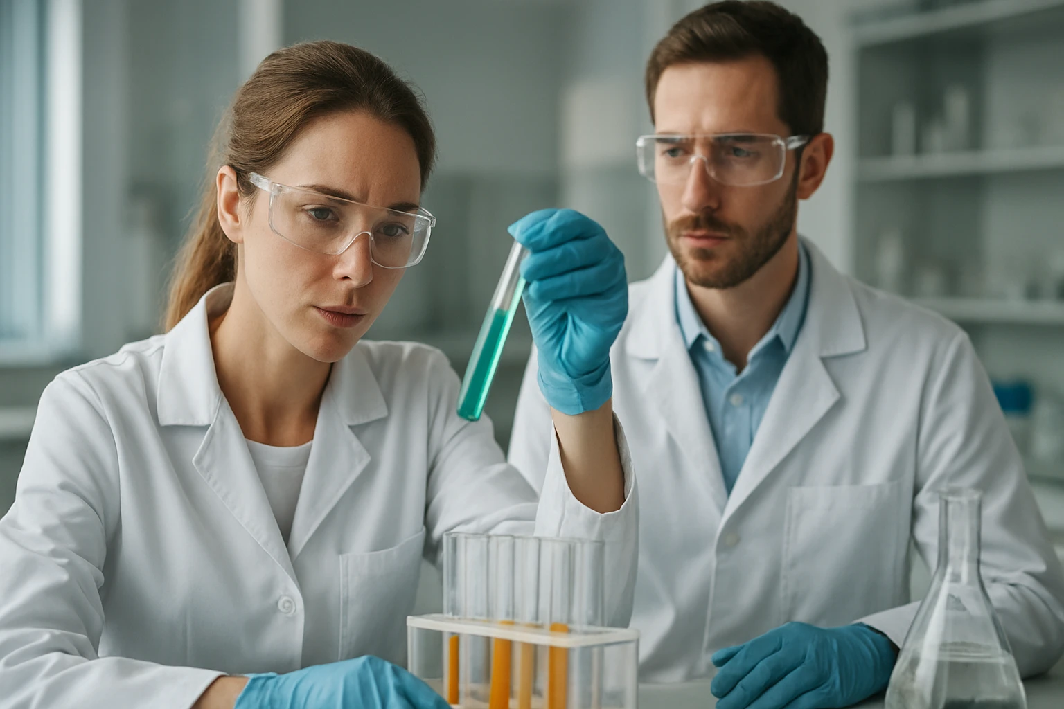 Kutatók kémiai kísérletet végeznek laboratóriumban.