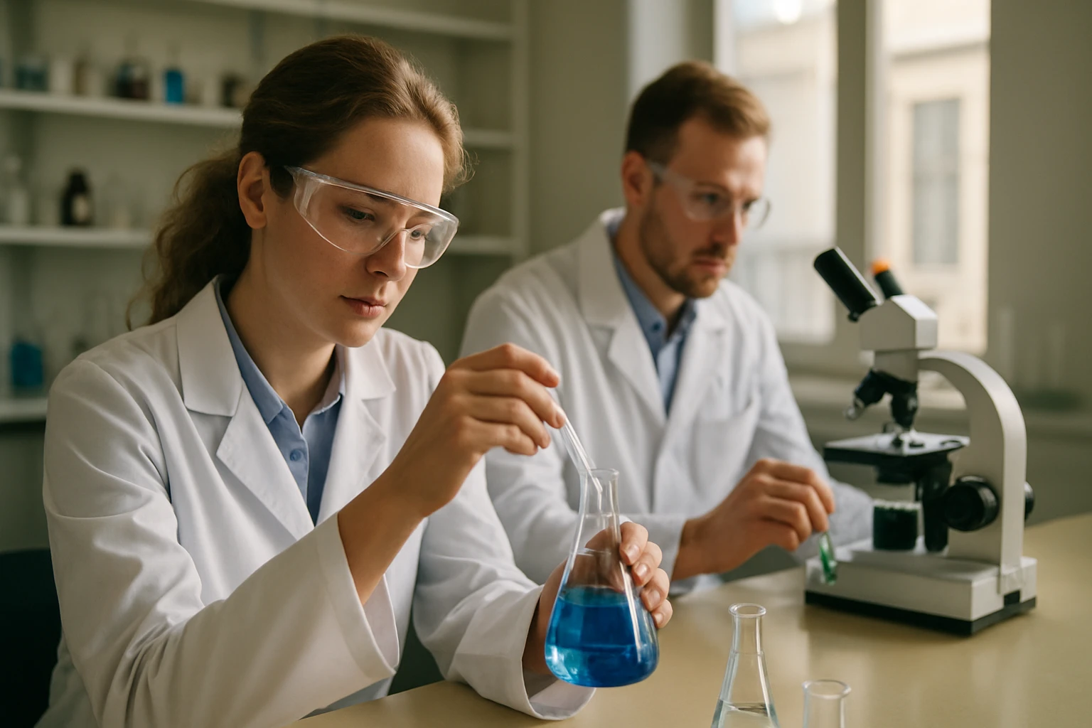 Két kutató laboratóriumban, kémiai kísérleteket végeznek.