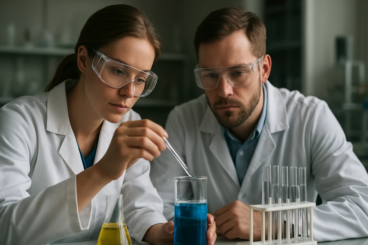 Két tudós a laborban kémiai kísérletet végez, ketózokkal kapcsolatos kutatás.