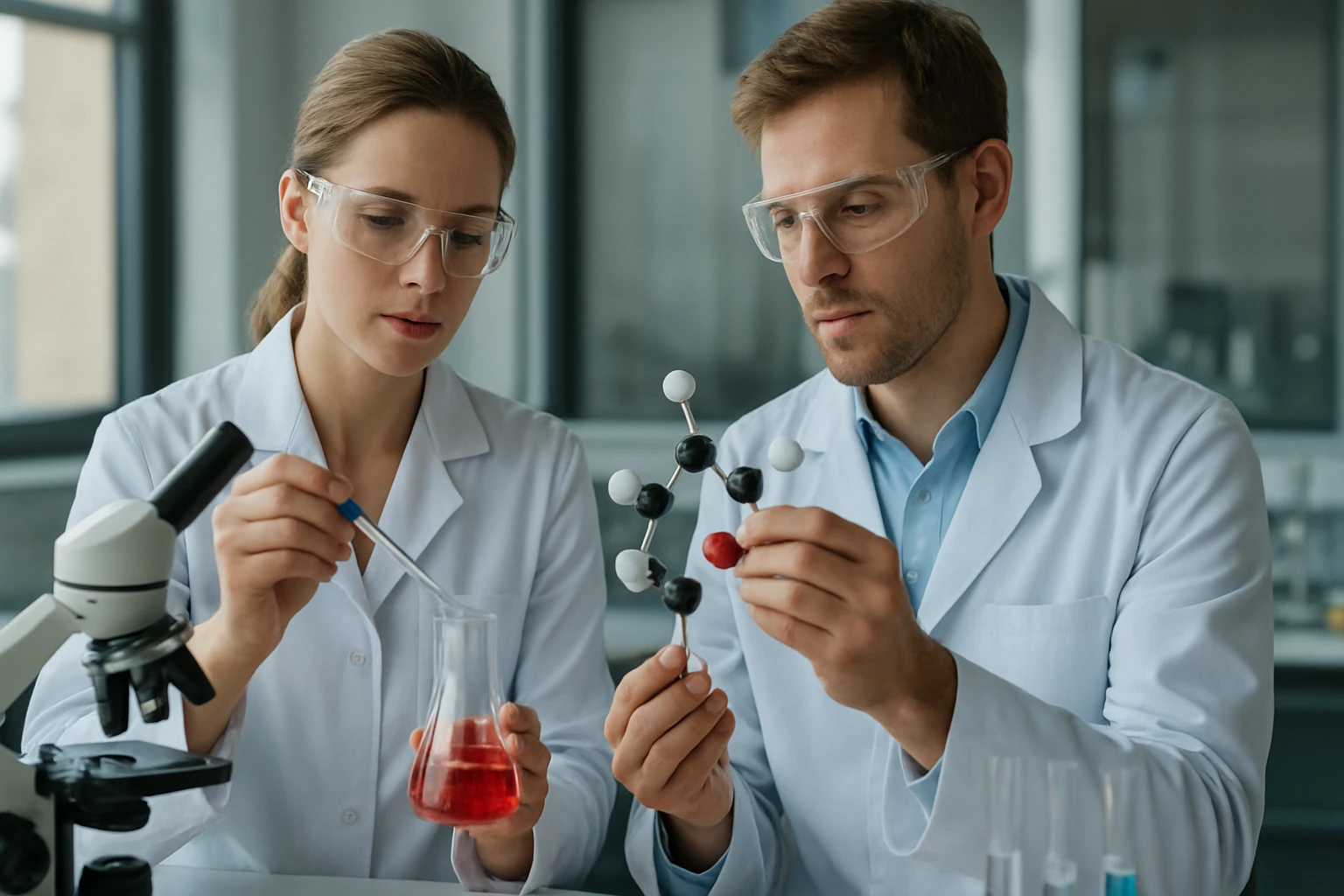 Kettős éterek: Szerkezetük, Előállításuk és Tulajdonságaik Két vegyész laboratóriumi kísérletezés közben kettős éterekkel.