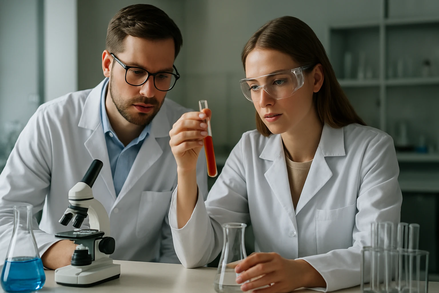 Két tudós laboratóriumi munka közben, mikroszkóp és kémcsövek mellett.