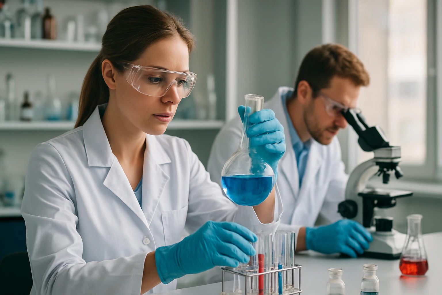 Kutatók laboratóriumban dolgoznak élelmiszer-színezékekkel, kinolinsárga.