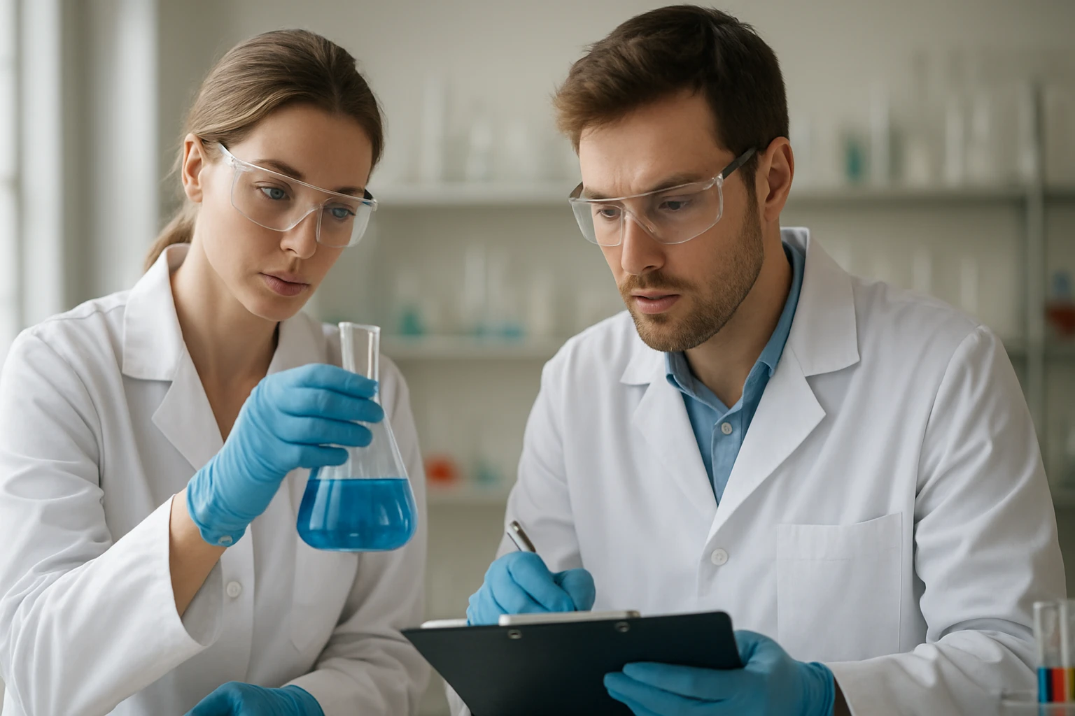 Kémikusok laboratóriumban klasztervegyületek vizsgálata közben