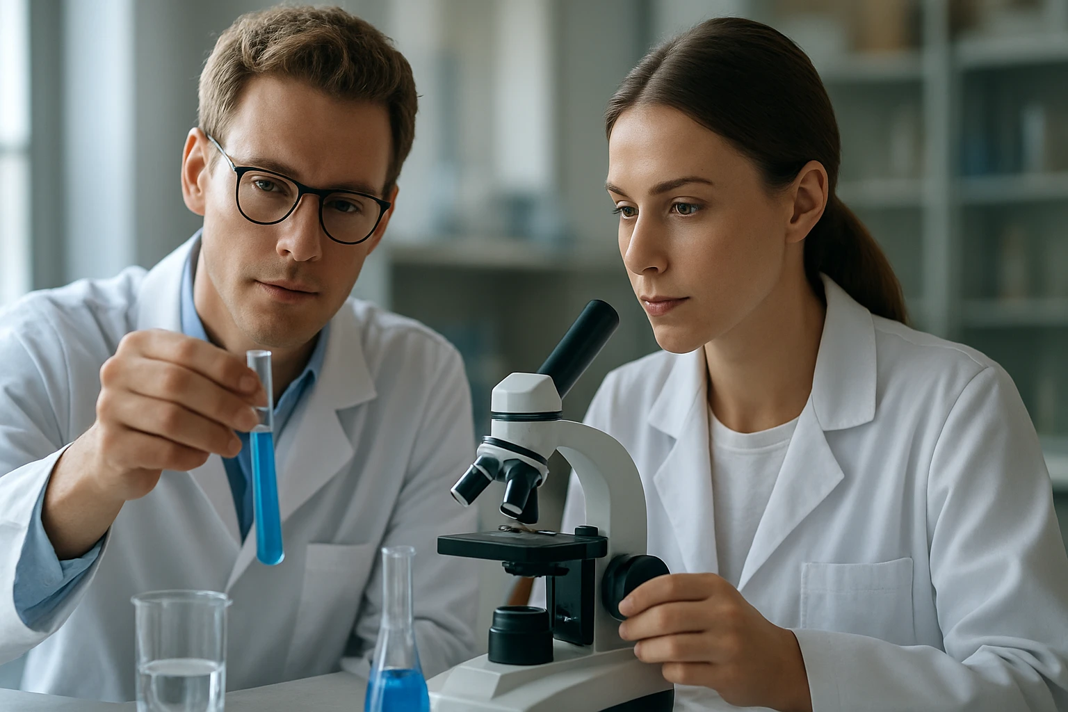 Kémikusok laboratóriumban klór-dioxid vizsgálatához szükséges anyagokkal.