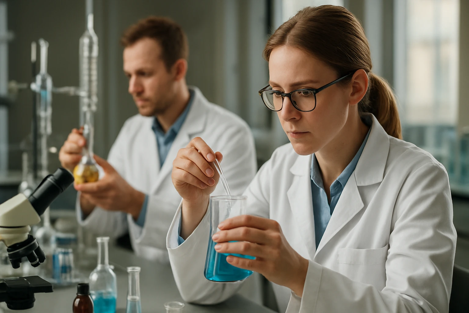 Két vegyész laboratóriumban, klórecetsavakat vizsgálva