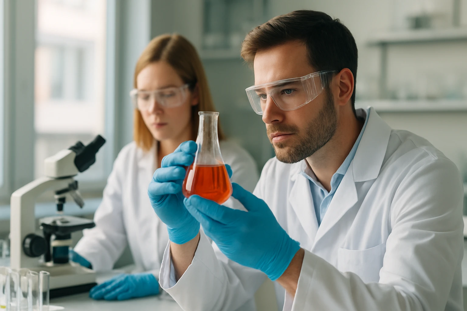 Két tudós laboratóriumban klórkaucsukot vizsgál