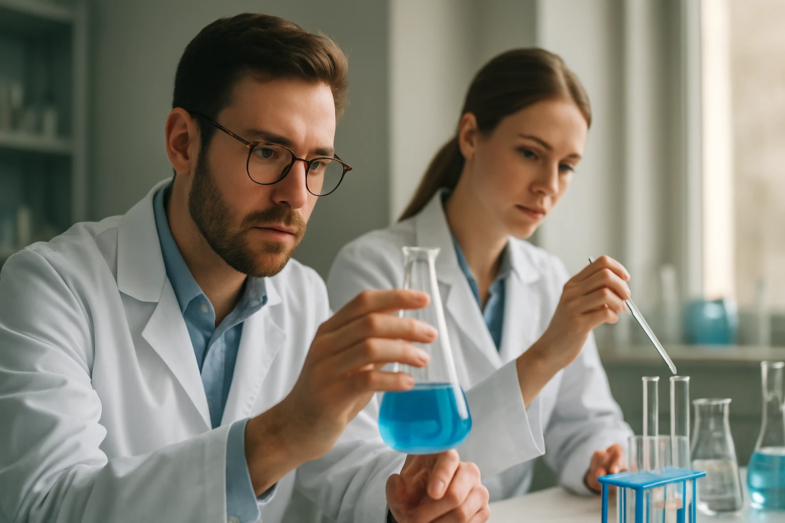 Kémiai kísérlet közben, klórmész kutatással foglalkozó tudósok