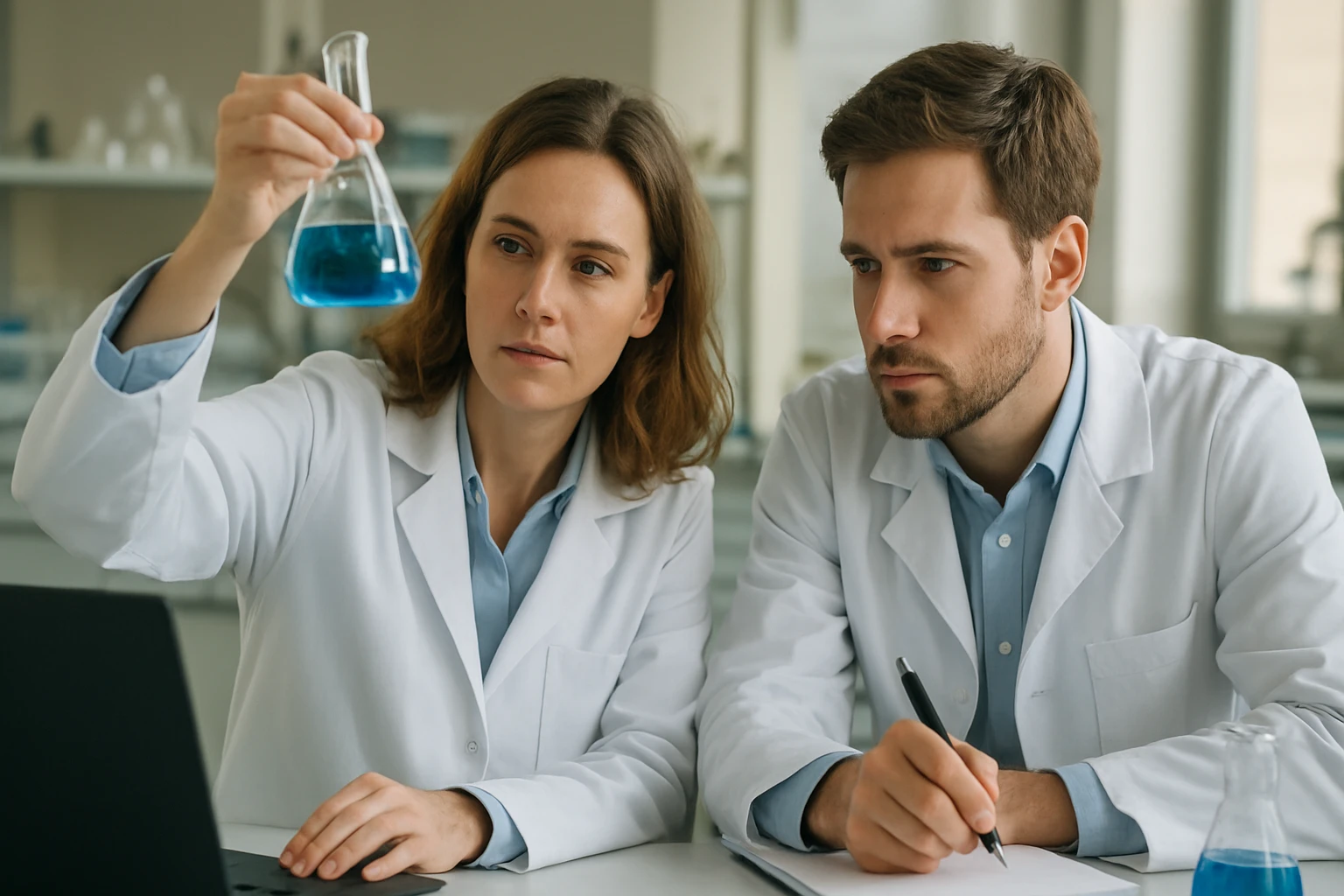 Két tudós laboratóriumi vizsgálatot végez, klorofill rézkomplexekkel a háttérben.
