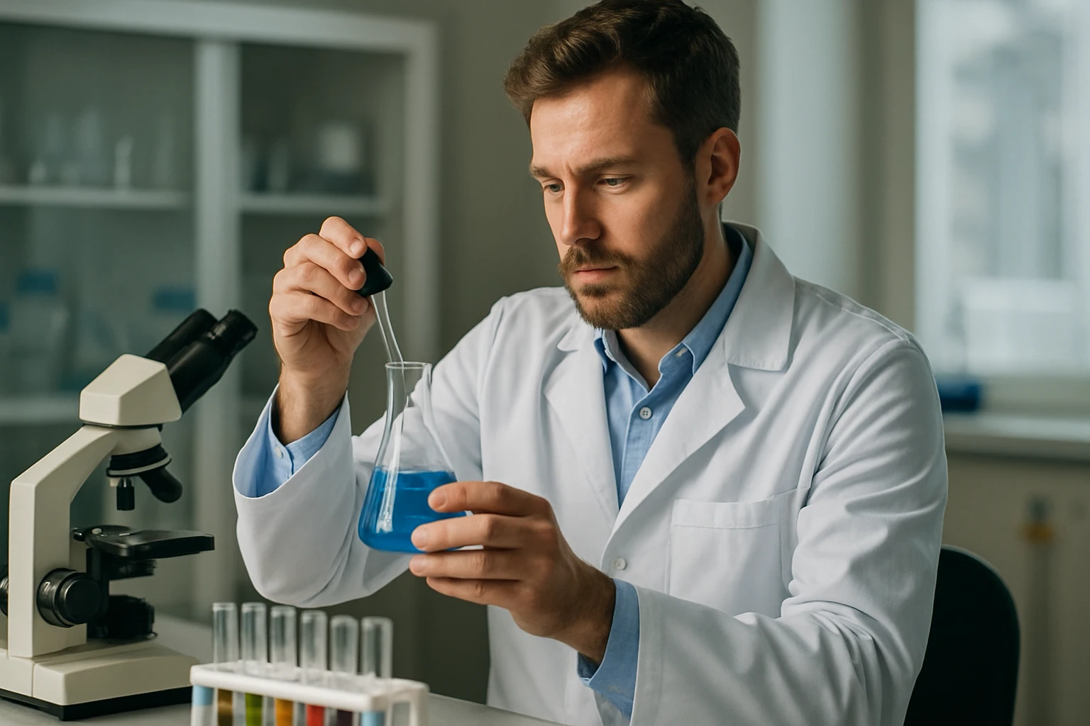 Kémikus koagulációs kísérletet végez laboratóriumban.