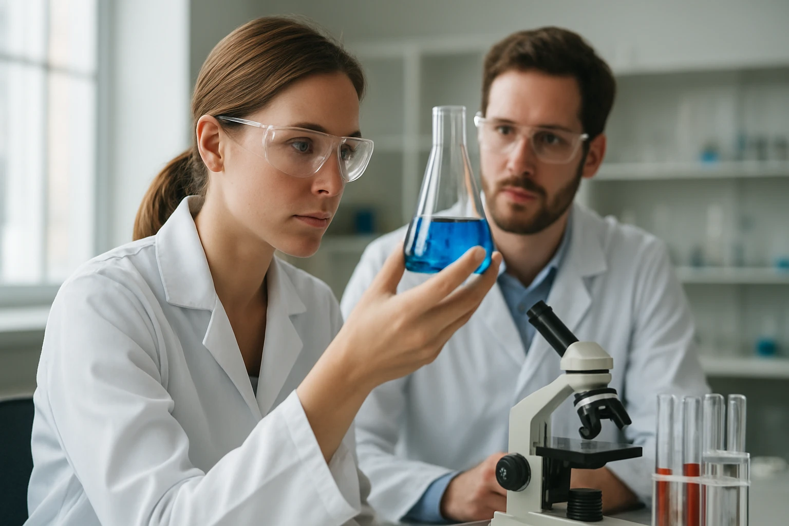 Laboratóriumi kutatók kobalt vegyületekkel dolgoznak.