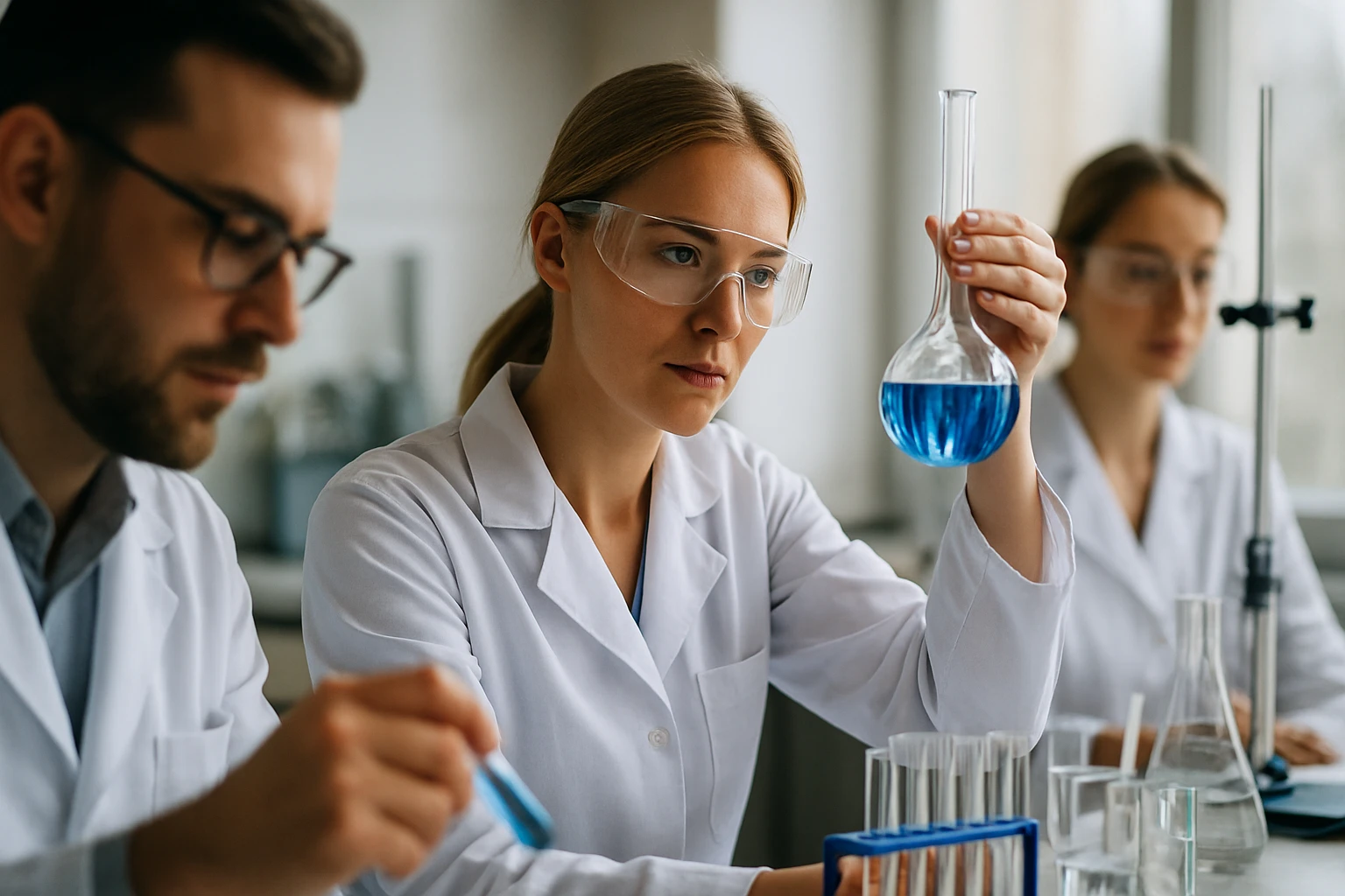 Kémiai kísérlet laboratóriumban, nők és férfiak fehér köpenyben