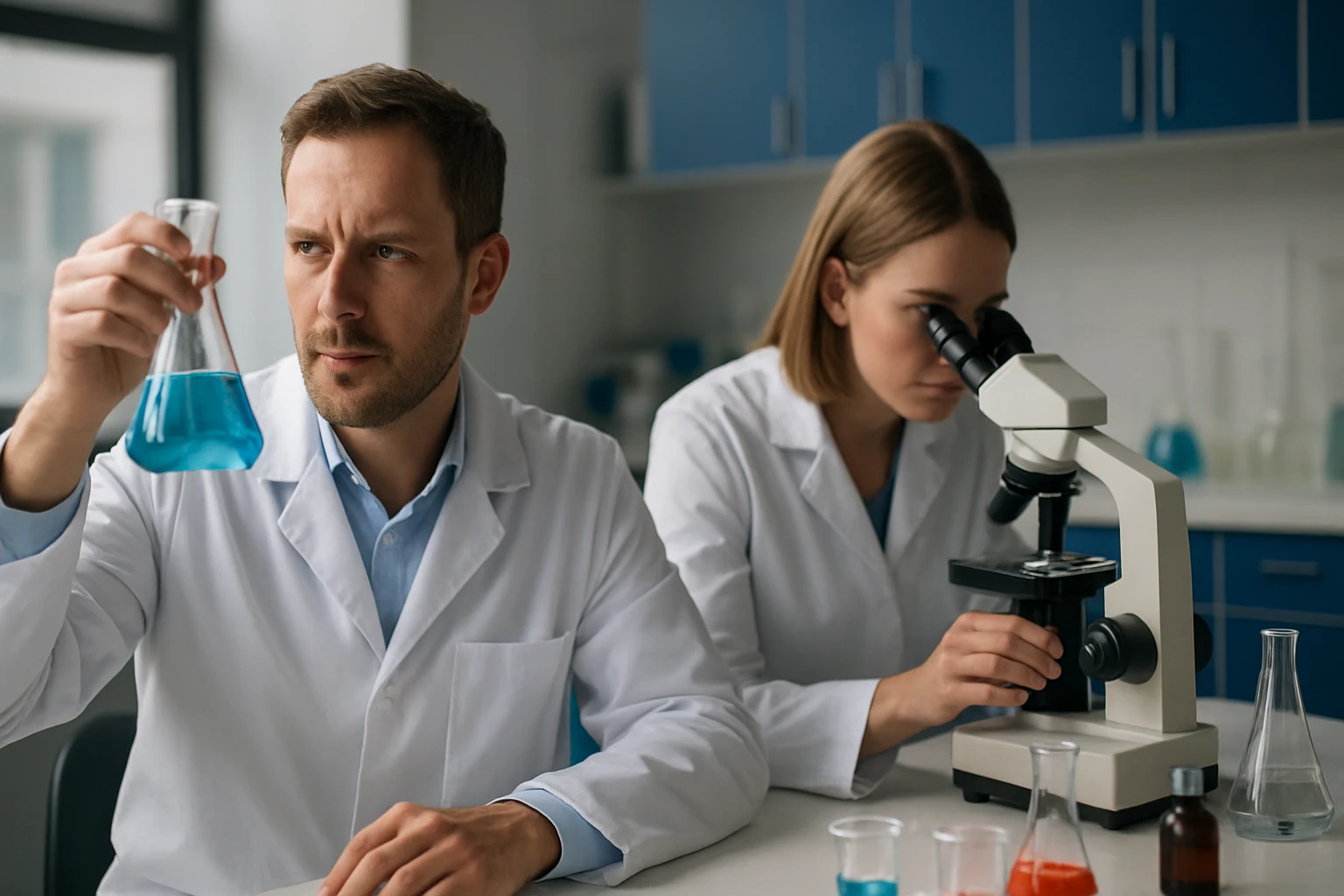 Két tudós laboratóriumi környezetben színmintákat elemez