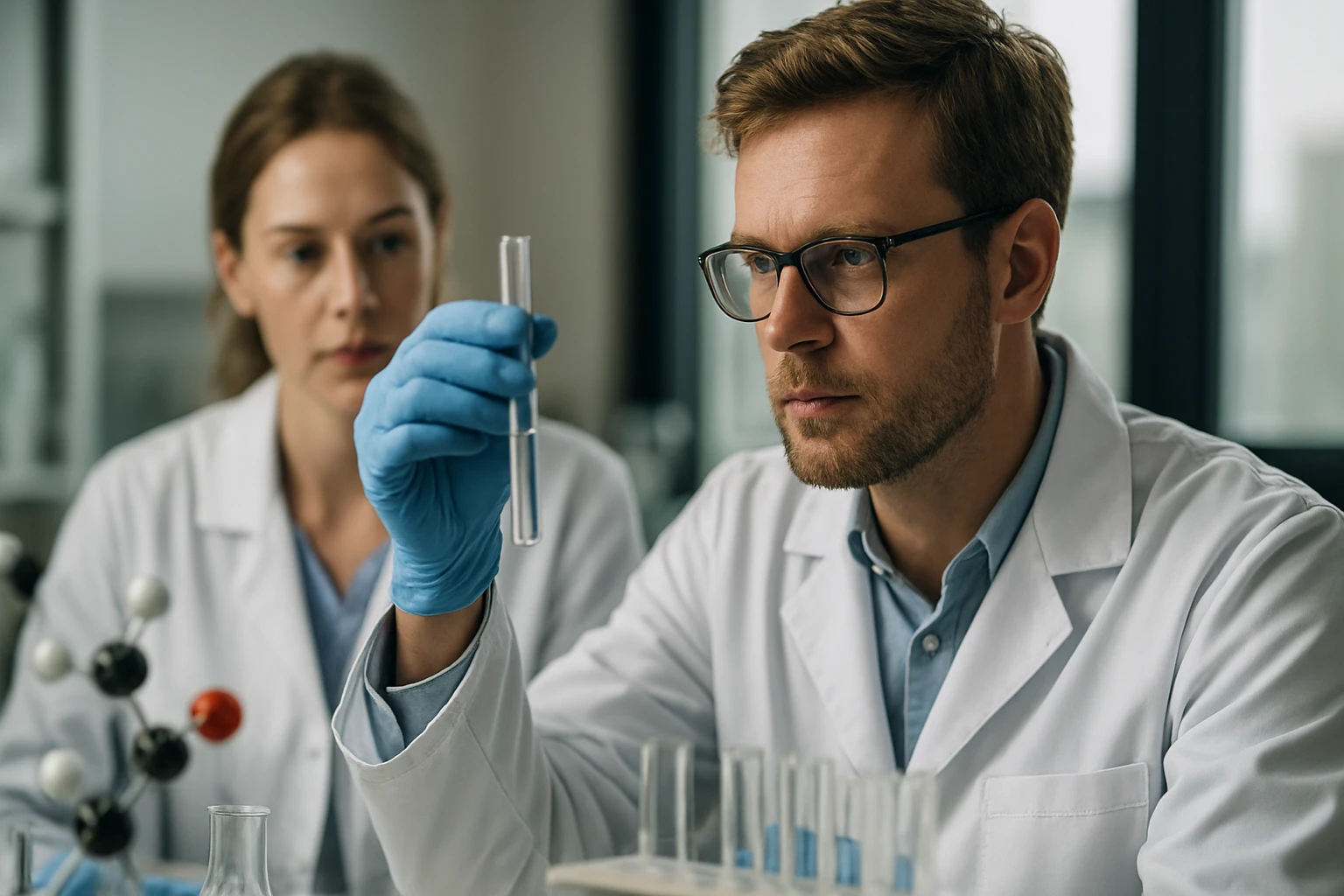 Két kutató a laboratóriumban komplex kémiai kísérletet végez.