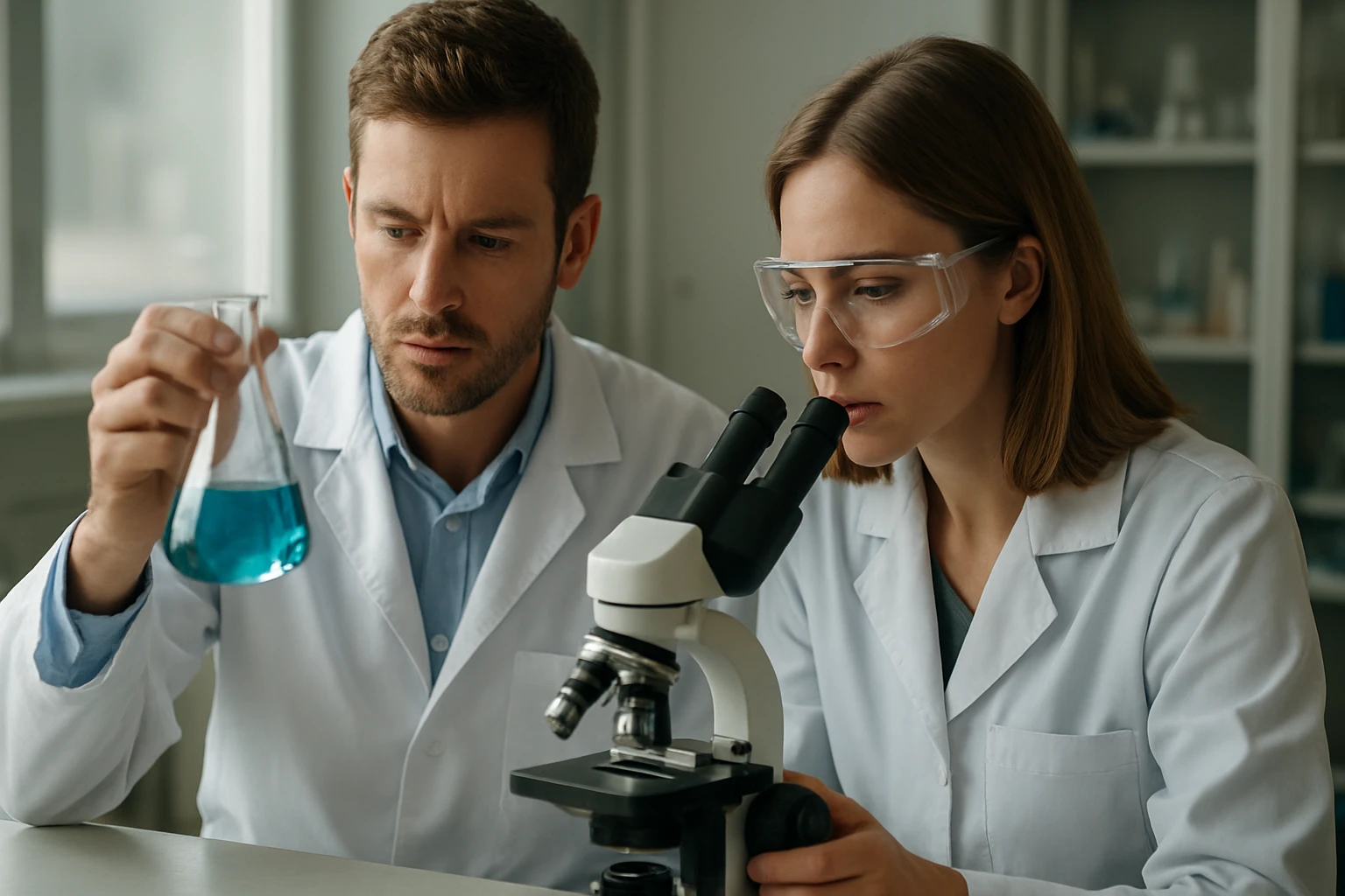 Két tudós laboratóriumi kísérletet végez, miközben egy mikroszkópot és kémcsöveket használnak.