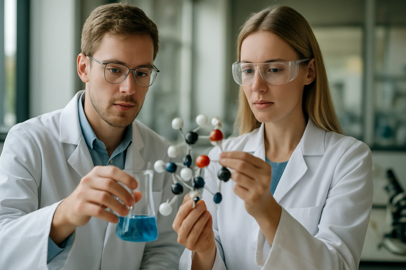 Kémikusok kondenzációs reakciót tanulmányoznak egy laboratóriumban.