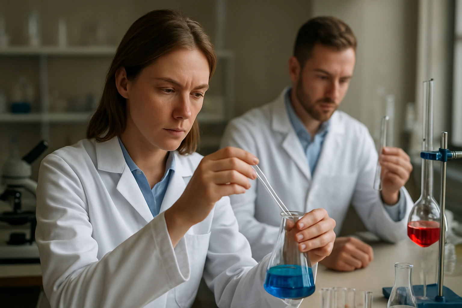Kémikusok különböző színű folyadékokat vizsgálva laboratóriumban.