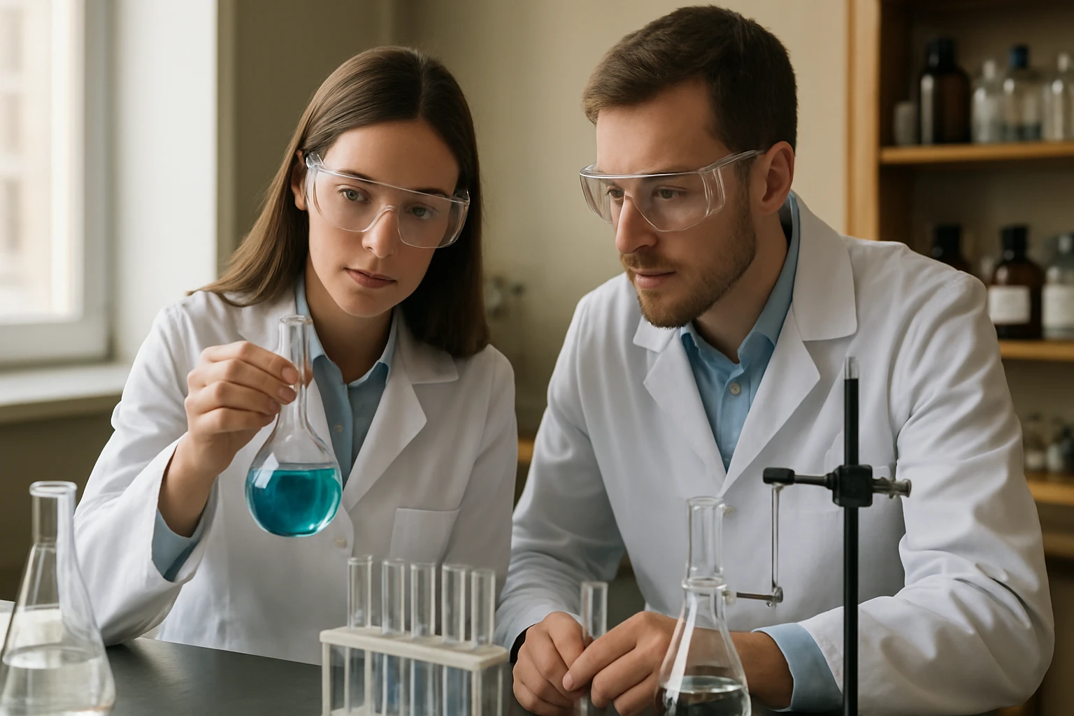 Konformációs Izomerek: Fogalom és Kapcsolat a Konformerekkel Két kutató a laborban konformációs izomereket vizsgál.