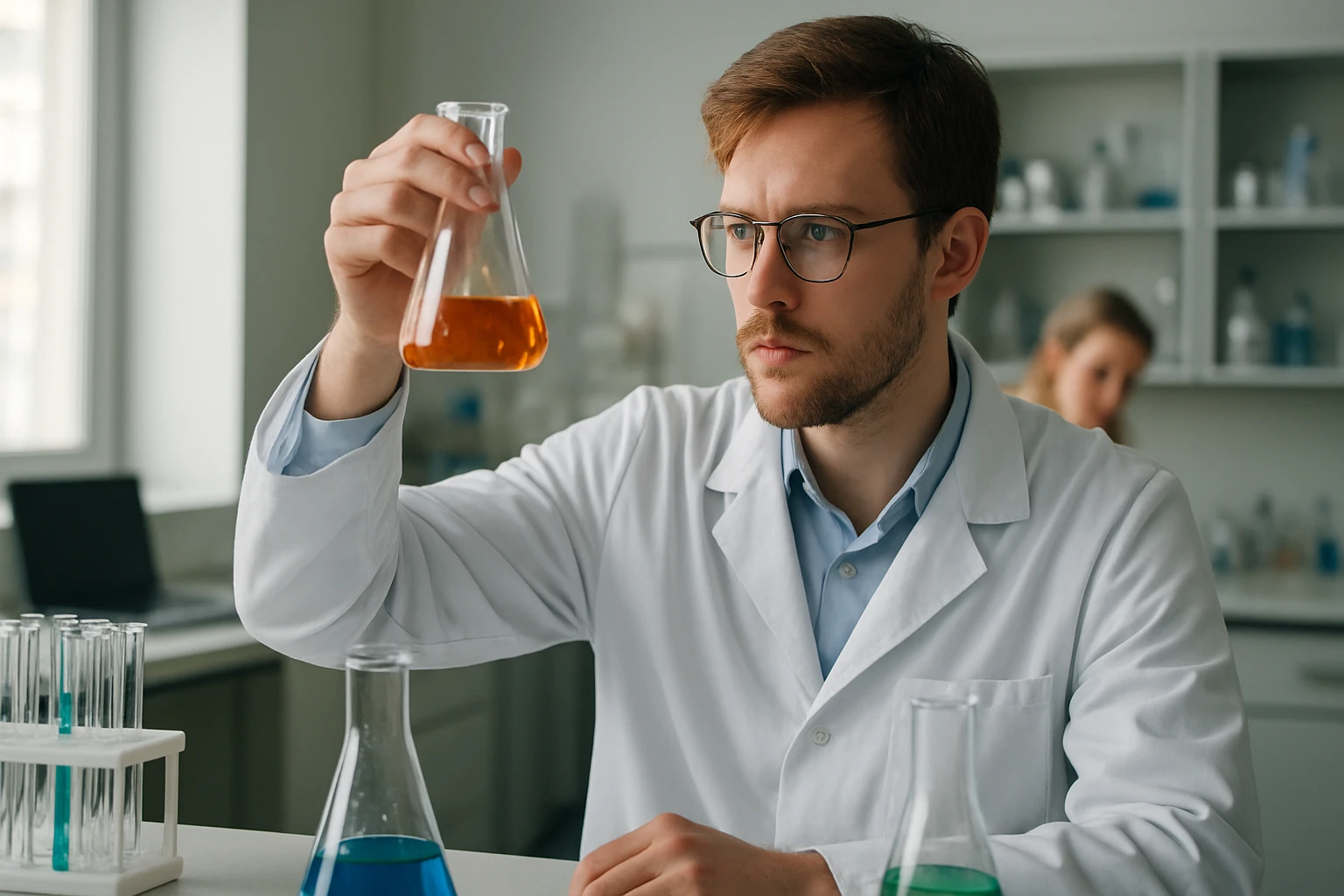 Kémikus, aki egy mikroszkópos mintát vizsgál laboratóriumi környezetben.