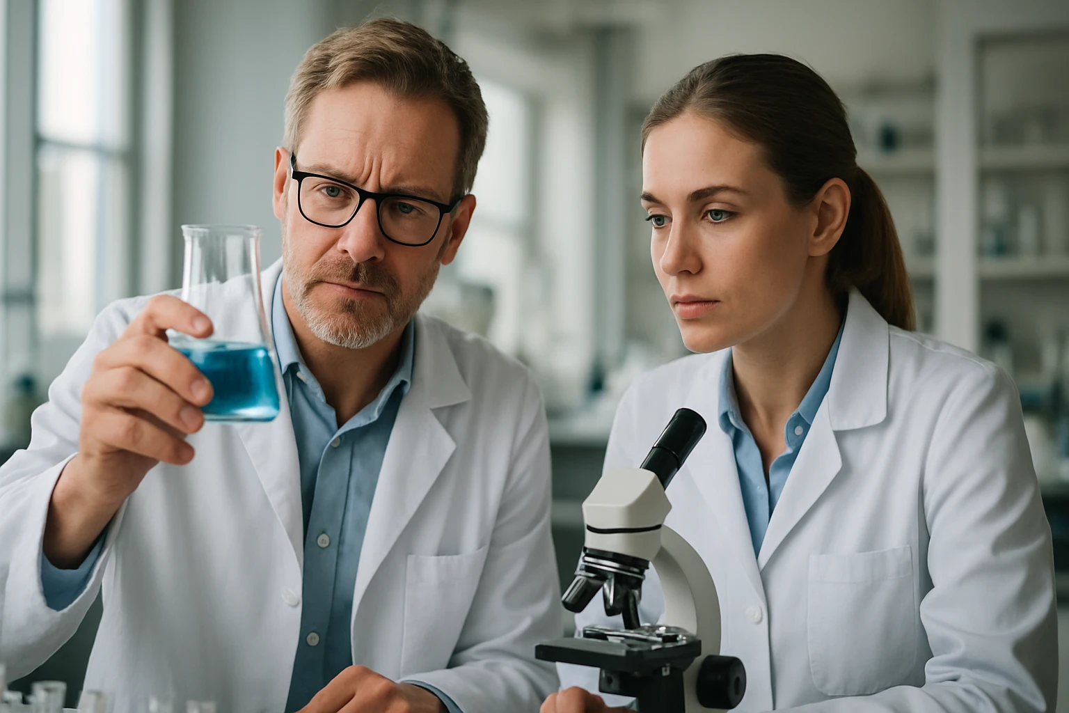 Két tudós laboratóriumban, kémcsövet és mikroszkópot használva a könnyűfémek kutatásához.