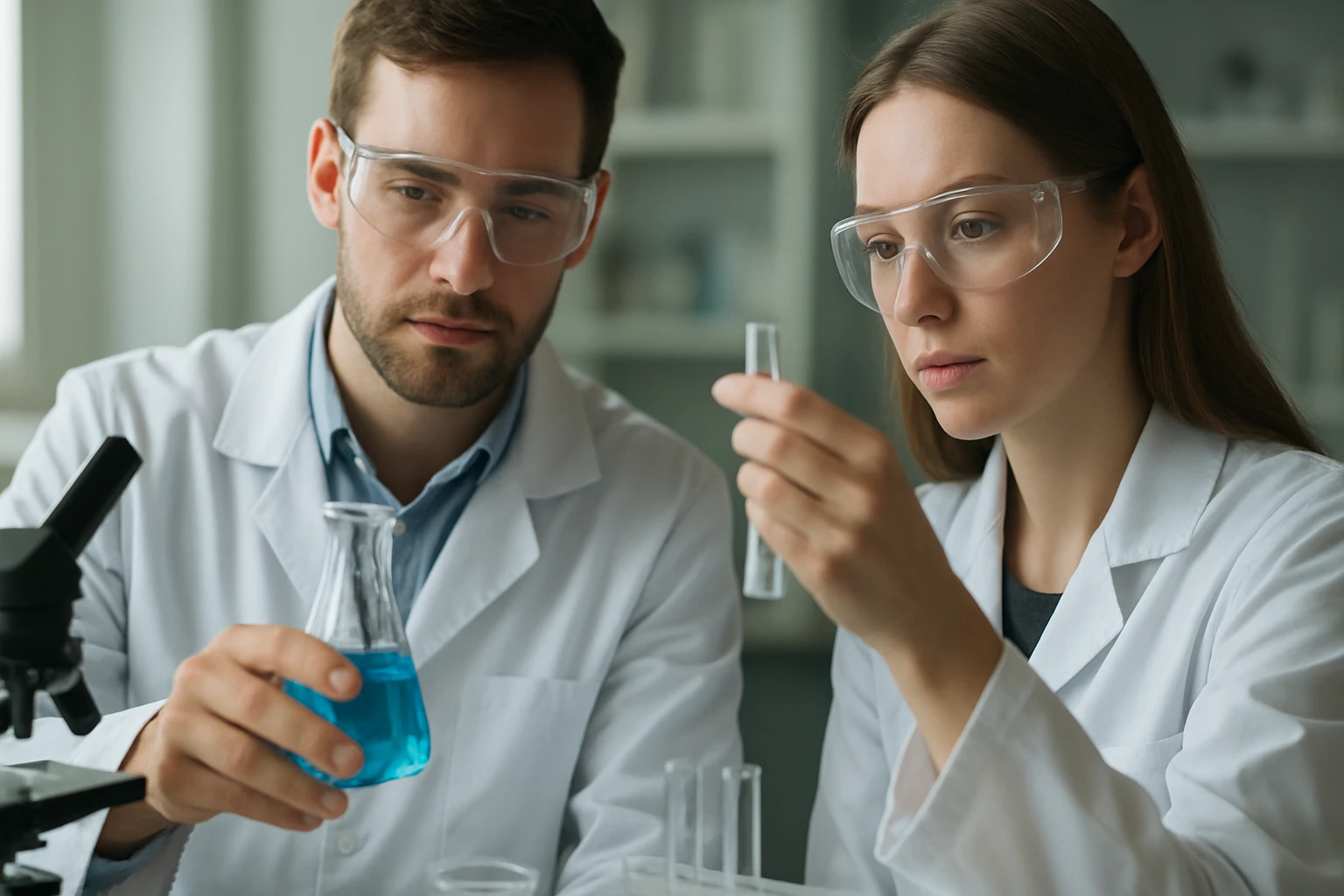 Két tudós kémiai kísérletet végez laboratóriumban.