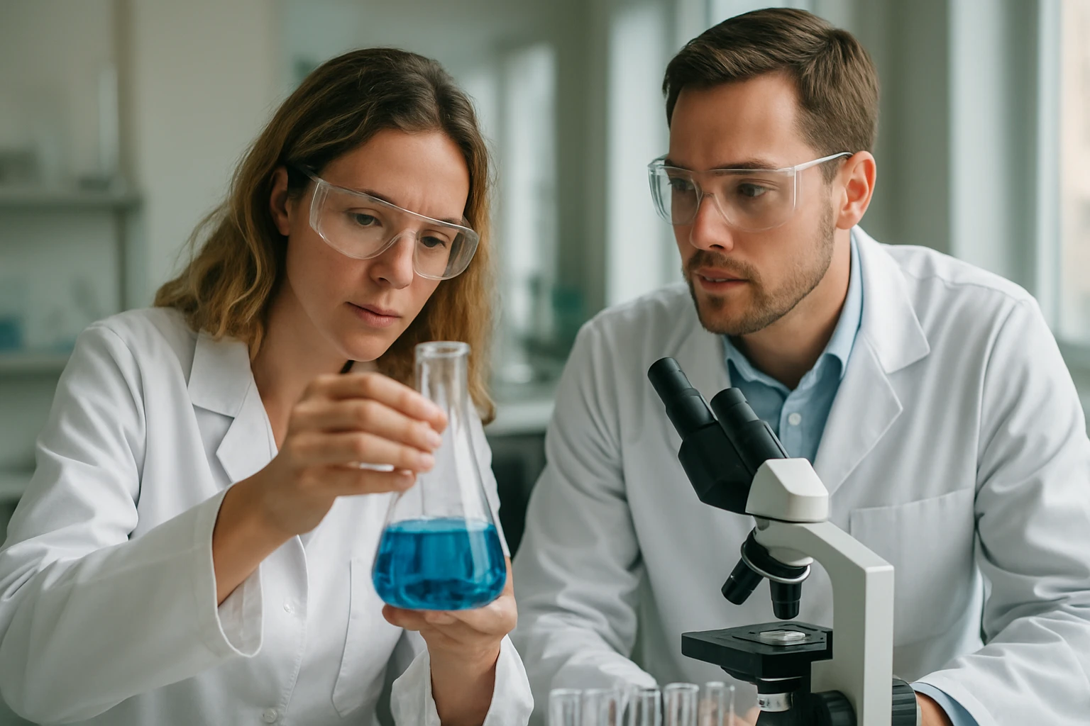 Kémikusok laboratóriumban koordinációs vegyületek vizsgálata közben