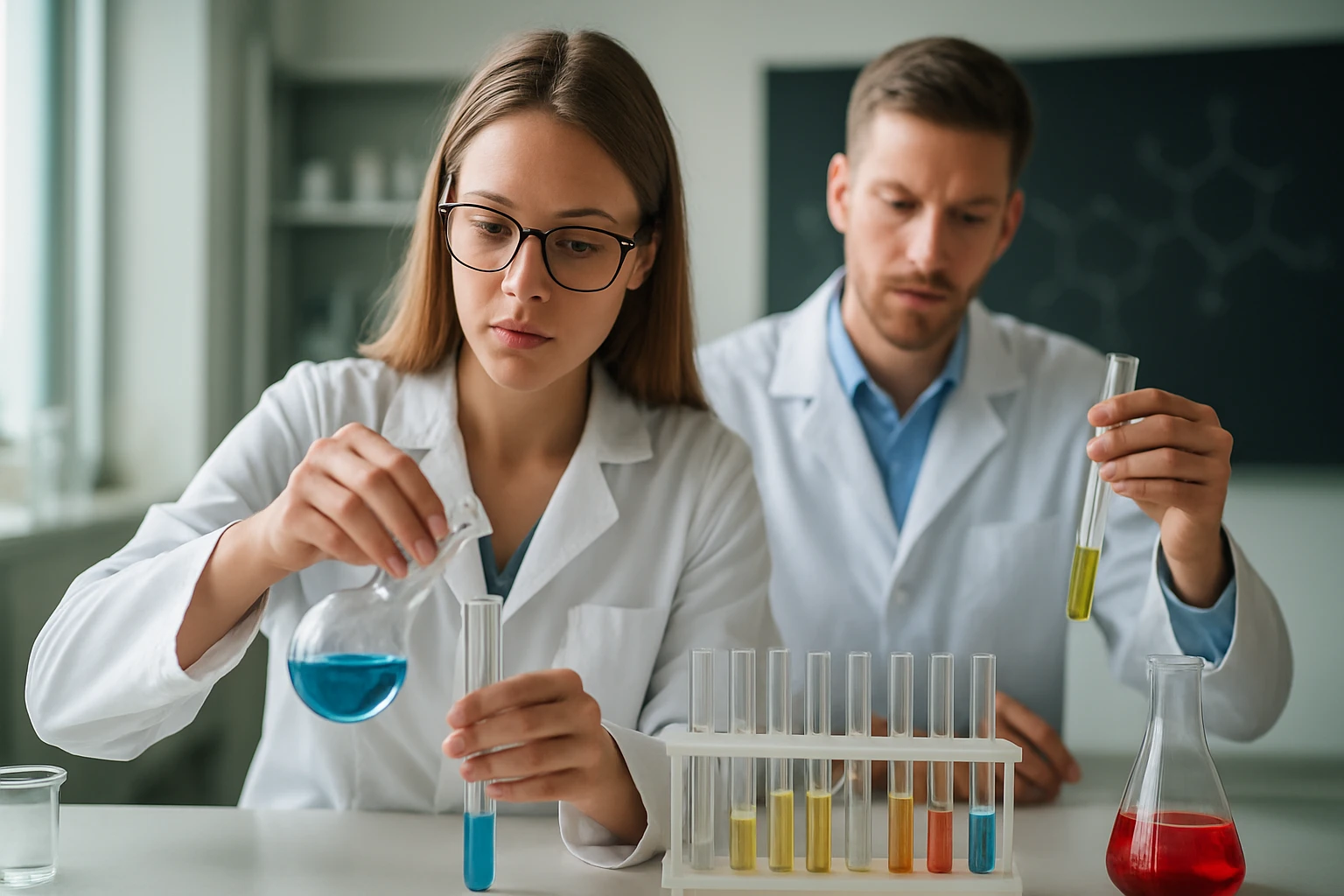 Két kémikus laborban kísérletezik, különböző színű oldatokkal.