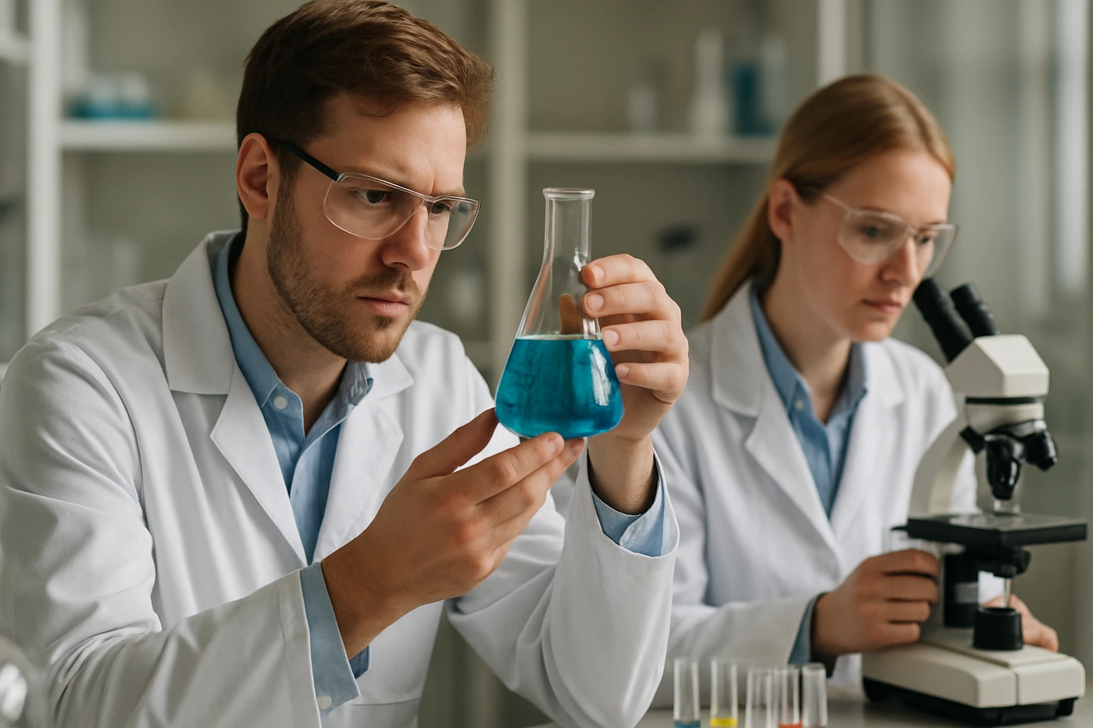 Kémiai kutatás laboratóriumban, körömlakklemosók összetevőivel foglalkozva.