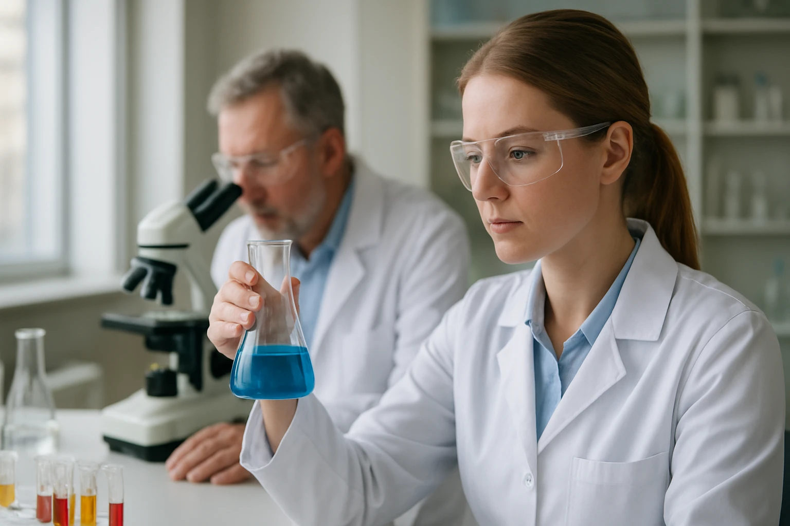 A korona konformáció jelentése és ábrázolása a kémiában Női tudós laboratóriumban, kék folyadékkal töltött lombikkal dolgozik