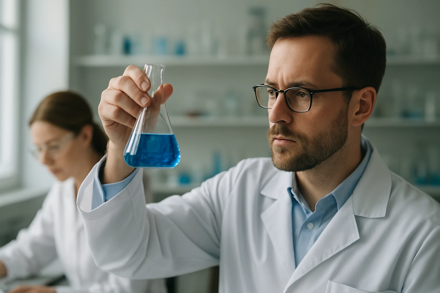 Kémikus kék folyadékkal teli kémcsövet tart a laborban.