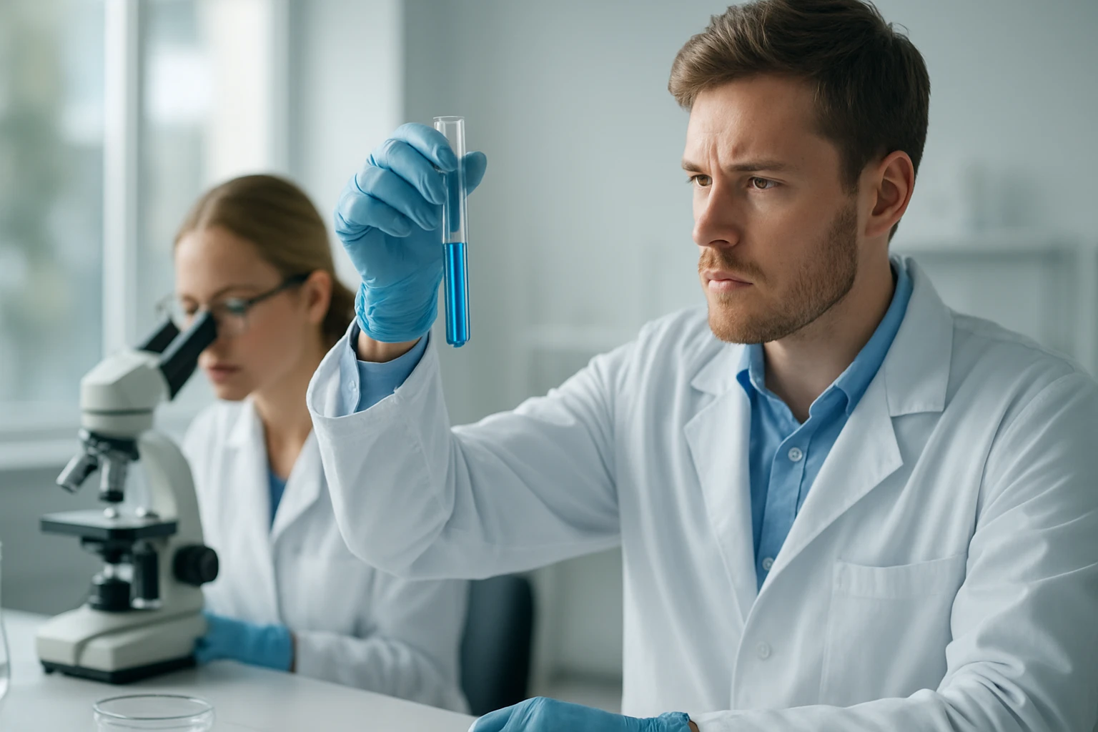 Kémiai kísérletezők laboratóriumi környezetben dolgoznak.