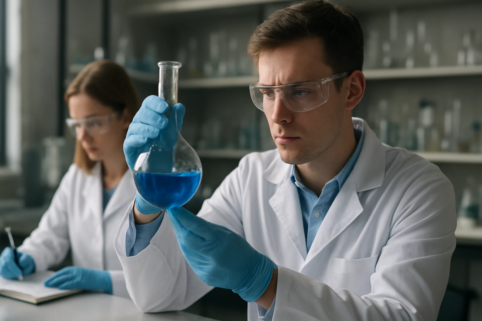 Két tudós kémiai kísérleten dolgozik laborban.