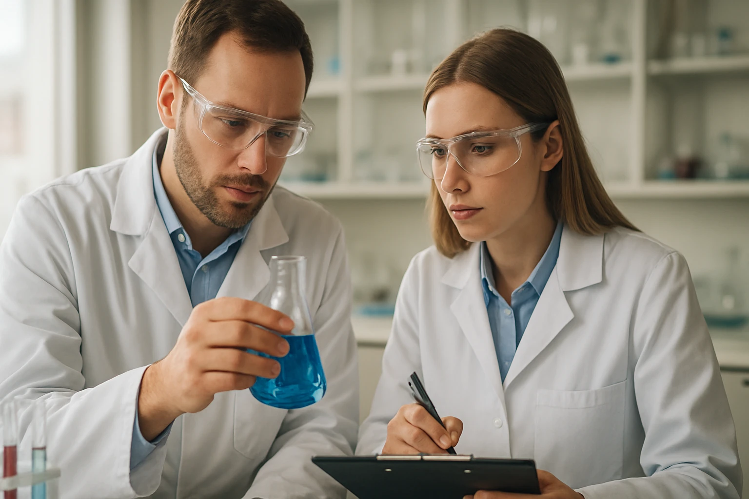 Két kutató laboratóriumi kísérlet közben, kovalens szerves vázszerkezetek vizsgálata