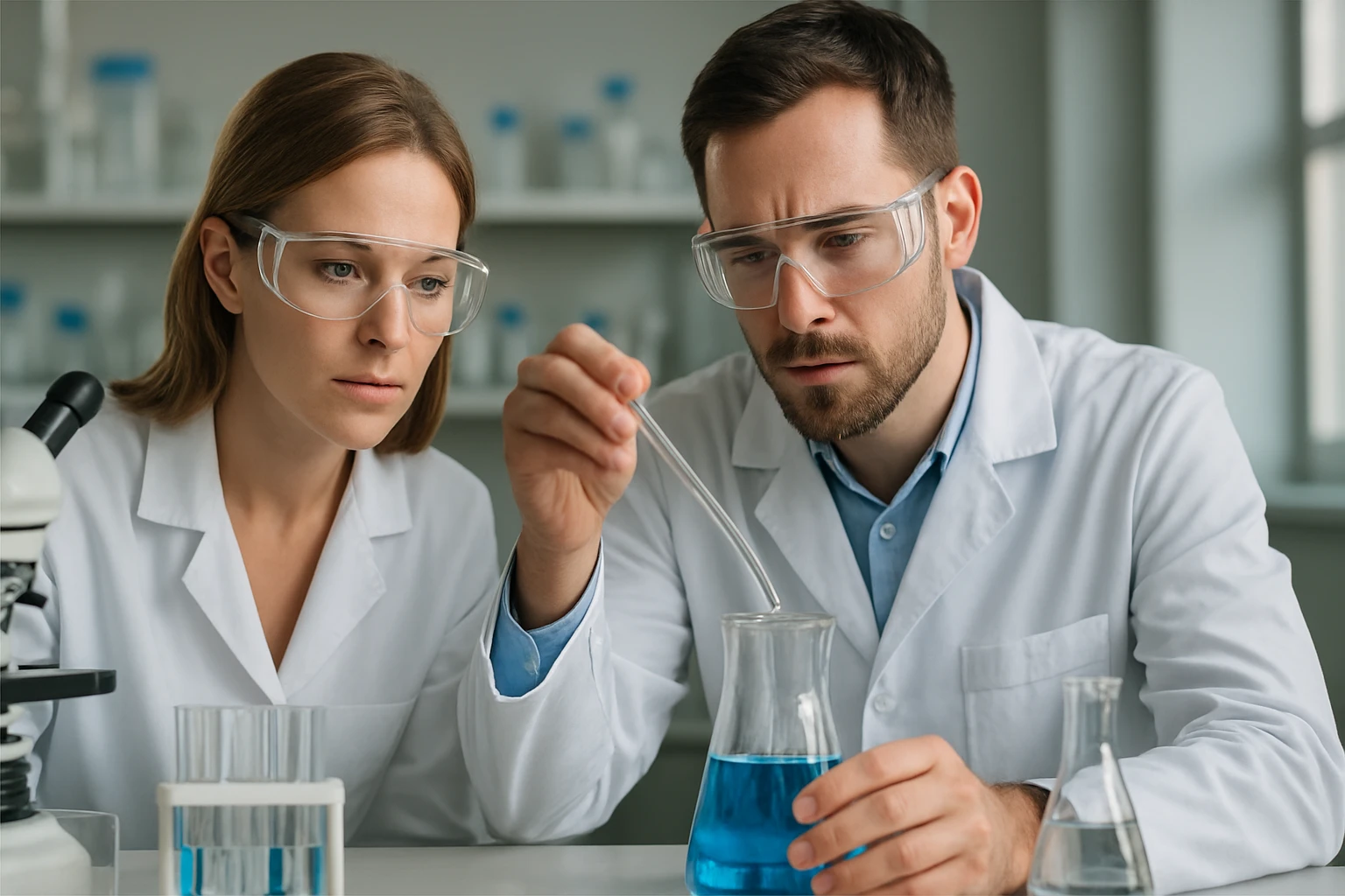 A közepes sűrűségű polietilén jellemzői és alkalmazási területei Két tudós laboratóriumban, kémiai kísérletet végezve