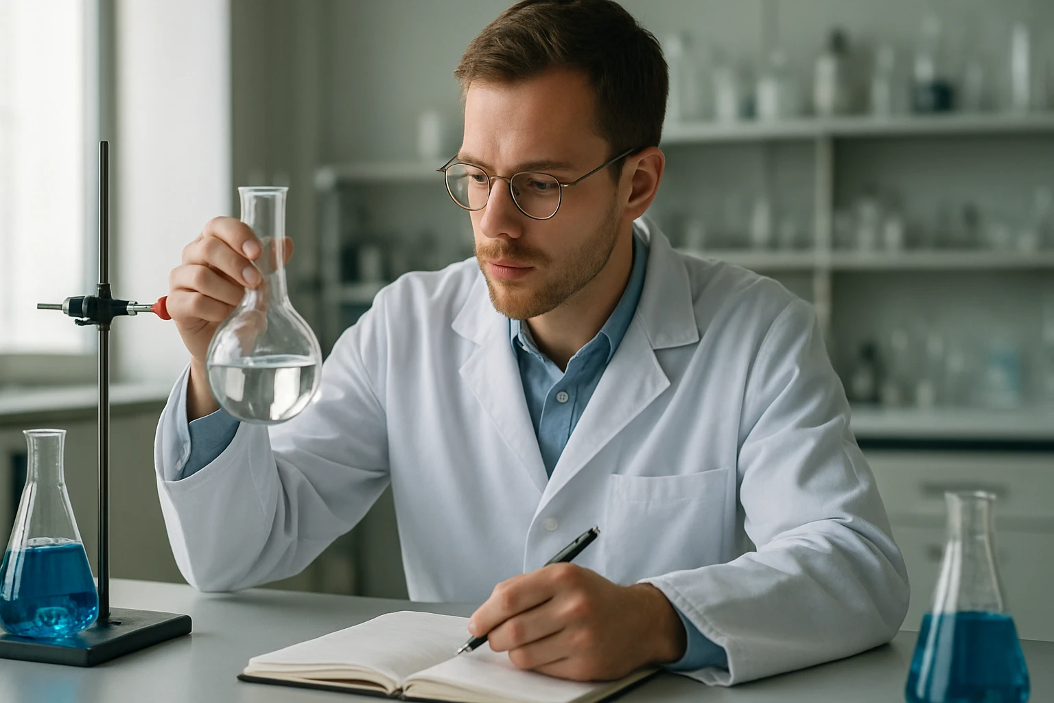 Kémikus laboratóriumban, vizsgálat közben, üvegkanna és jegyzetfüzet.