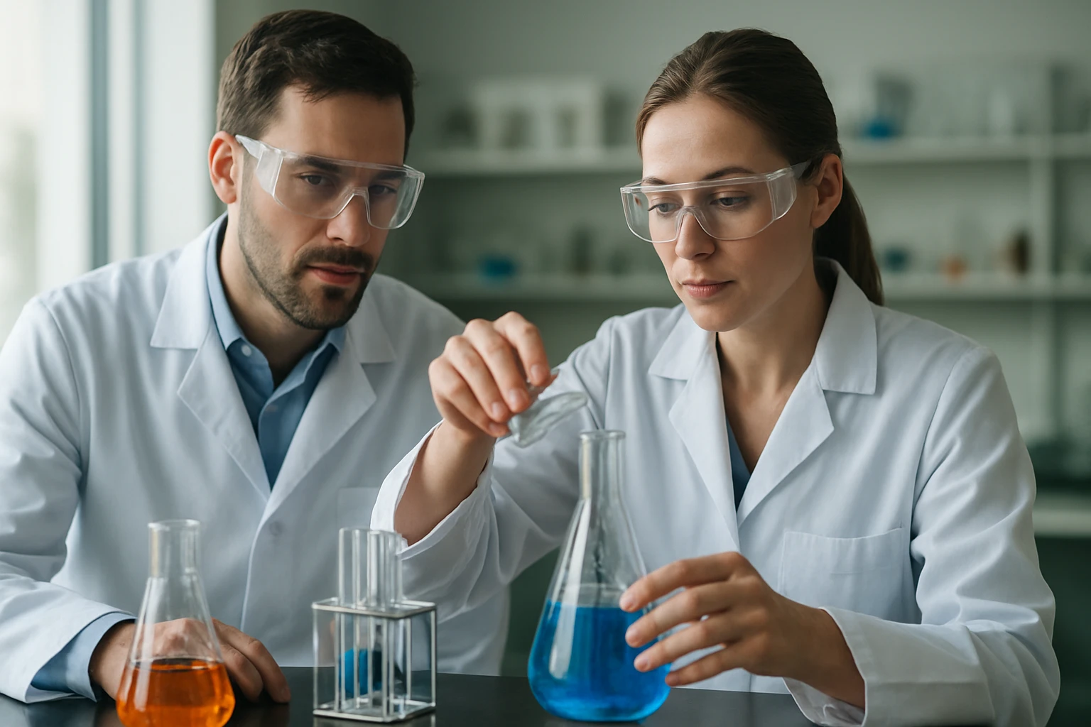 Két tudós laboratóriumban végzi a kémiai kísérletet kristályokkal.