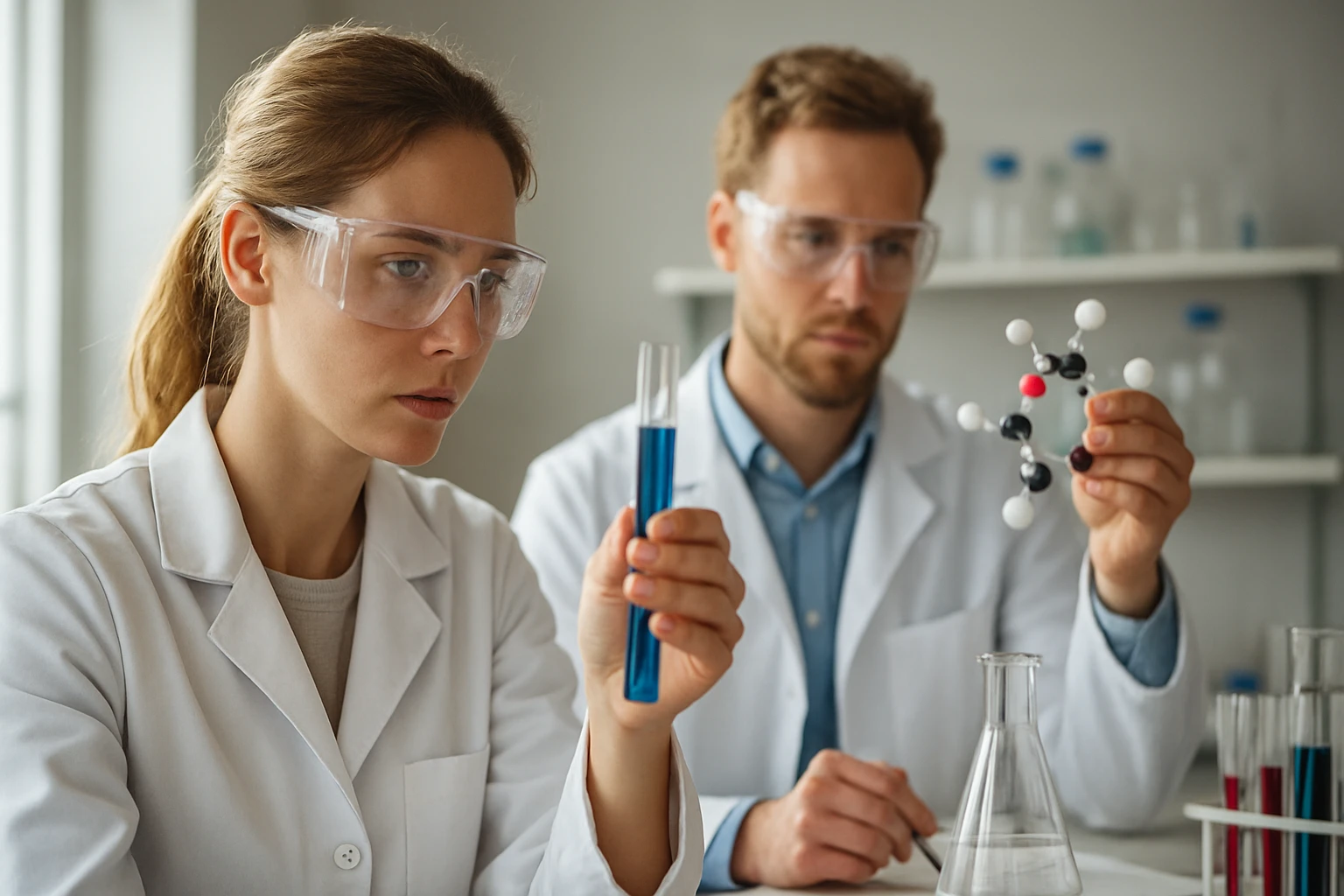 Két kutató a kristályosítás laboratóriumi folyamatát elemzi.