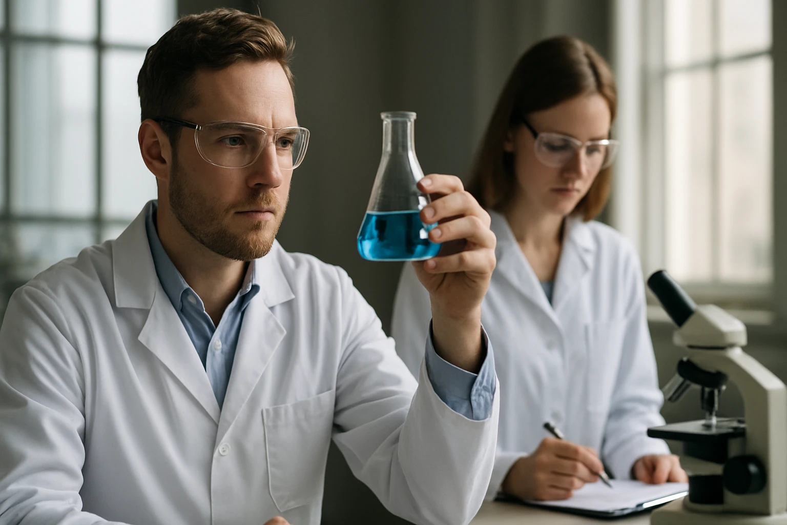 Króm(III)-klorid: Képlete, Jellemzői és Alkalmazásai Két tudós laboratóriumi vizsgálat közben, kémcsővel és mikroszkóppal.